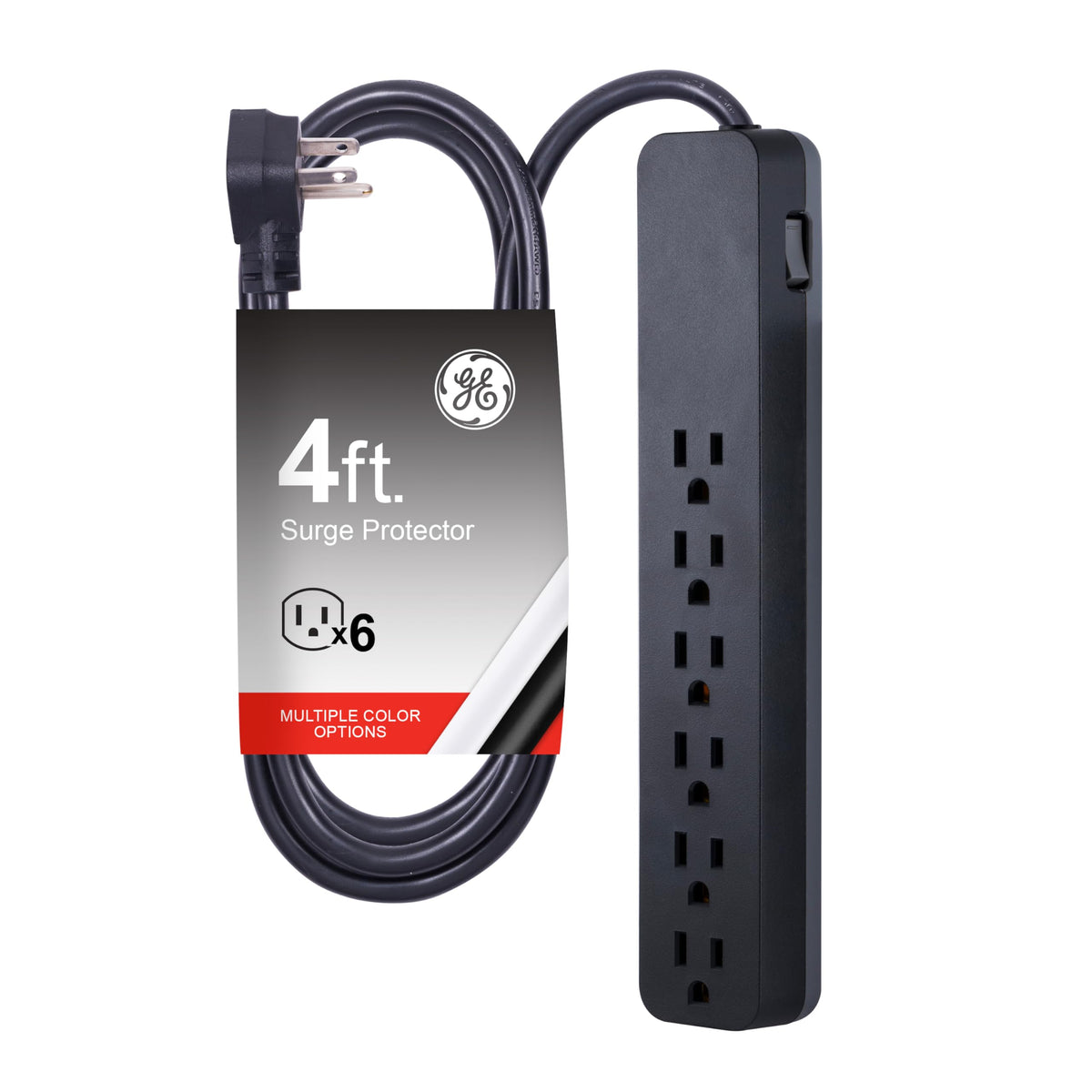 Ge Pro 6-Outlet Surge Protector, 4 Ft Extension Cord, 840 Joules, Power Strip, Flat Plug, Integrated Circuit Breaker, Wall Mount