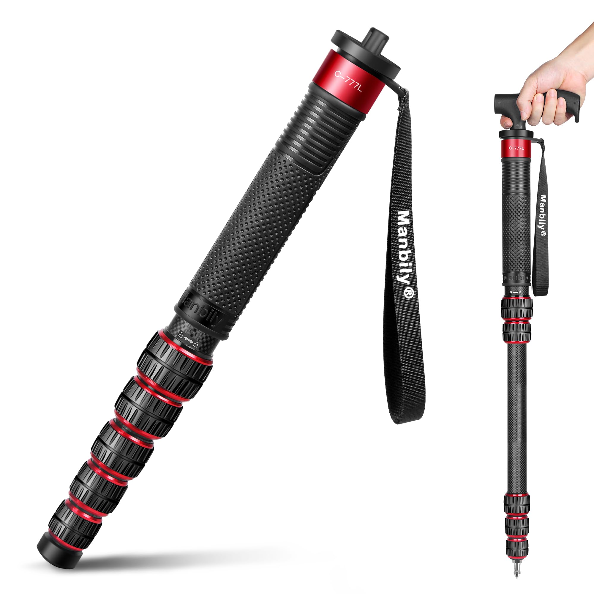 Manbily Monopod For Camera, C 777L 36Mm Tube Carbon Fiber Camera Monopod With Walking Stick Handle, Portable Compact Lightweight Travel Monopod For Dslr Cameras