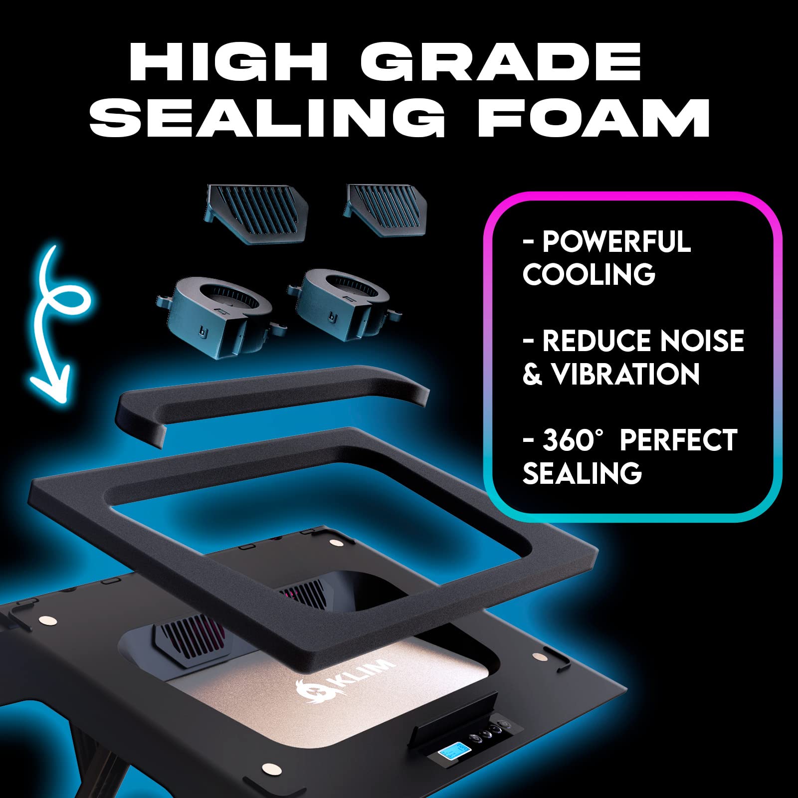 Klim Everest Laptop Cooling Pad | New 2024 | Powerful Turbo Fan 4300 Rpm Laptop Cooler | Sealed Foam For Maximum Performance | A