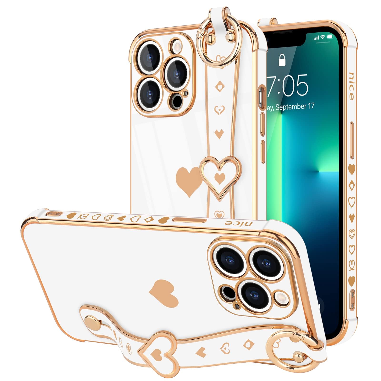 Llz.Coque For Iphone 13 Pro Case Cute Love Heart Plating Strap Phone Cover For Women Girls Bling Soft Silicone Camera Lens Prote