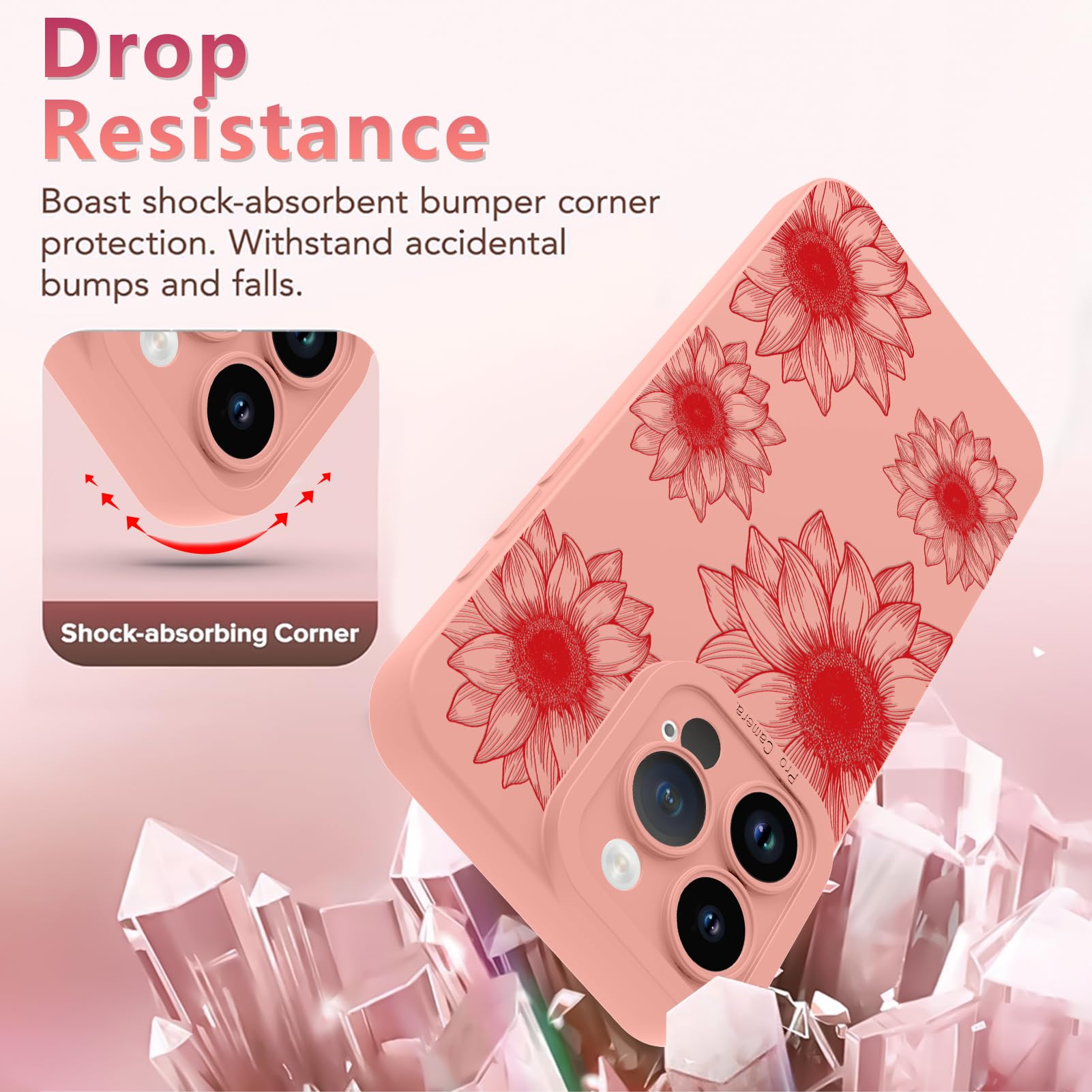 Ook Floral Case For Iphone 15 Pro Case, Cute Sunflower Floral Blooms Design Soft Tpu Shockproof Protective For Women Girls Slim