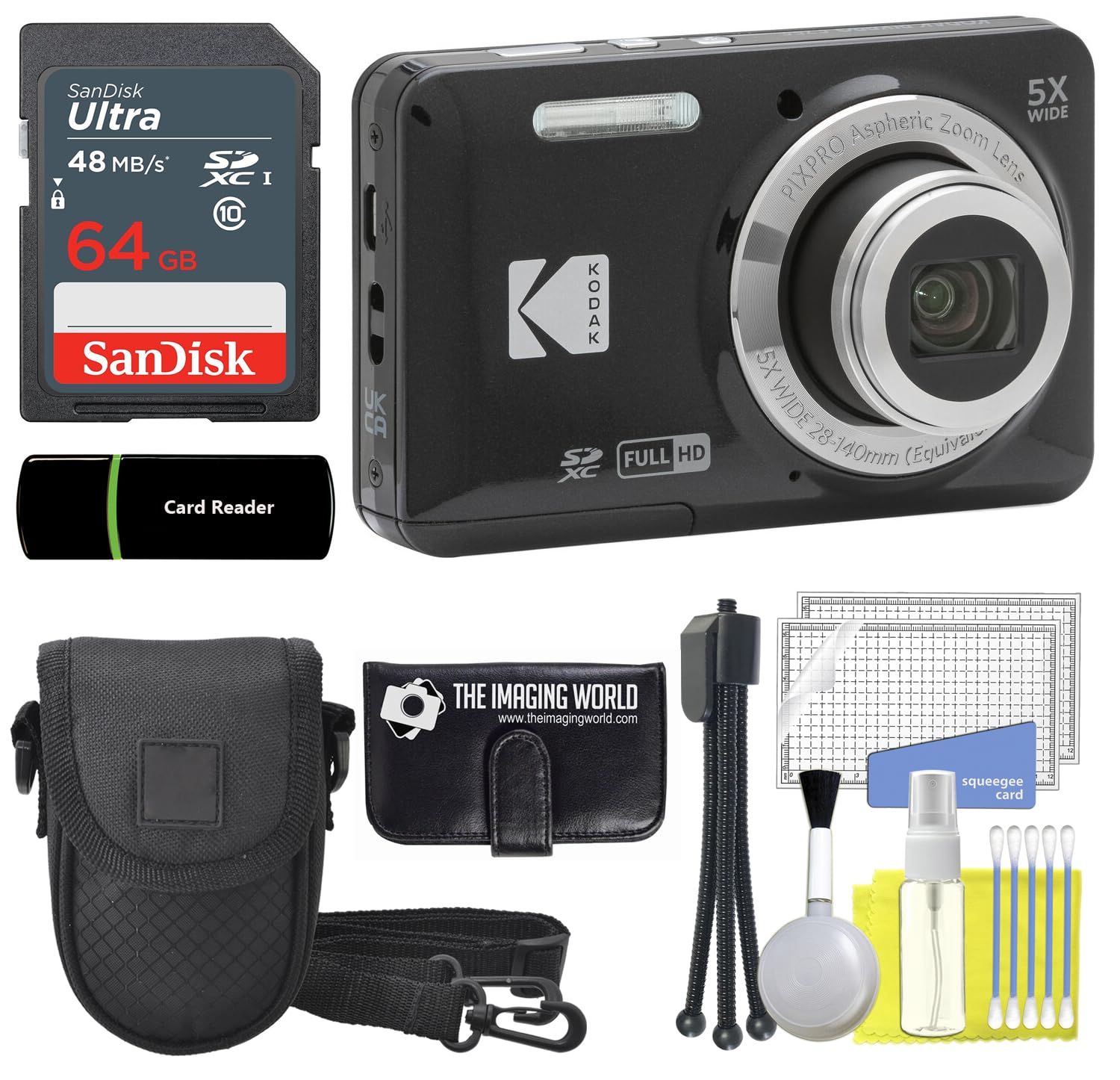 Kodak PIXPRO FZ55 Black 16MP Digital Camera 5X Optical Zoom 28mm Wide Angle 1080P Full HD Video 2.7 LCD Camera + 64GB Card and R