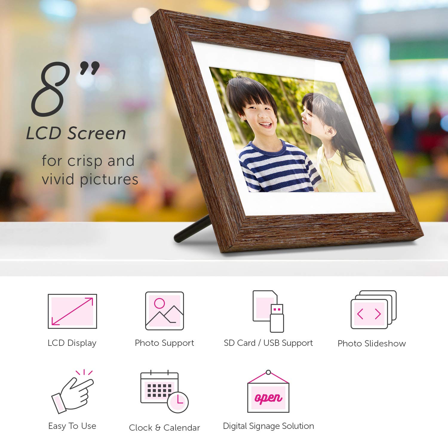 Aluratek 8    Distressed Wood Digital Photo Frame, Auto Slideshow, Usb/Sd/Sdhc Supported, Built In Clock & Calendar, Easy Setup,
