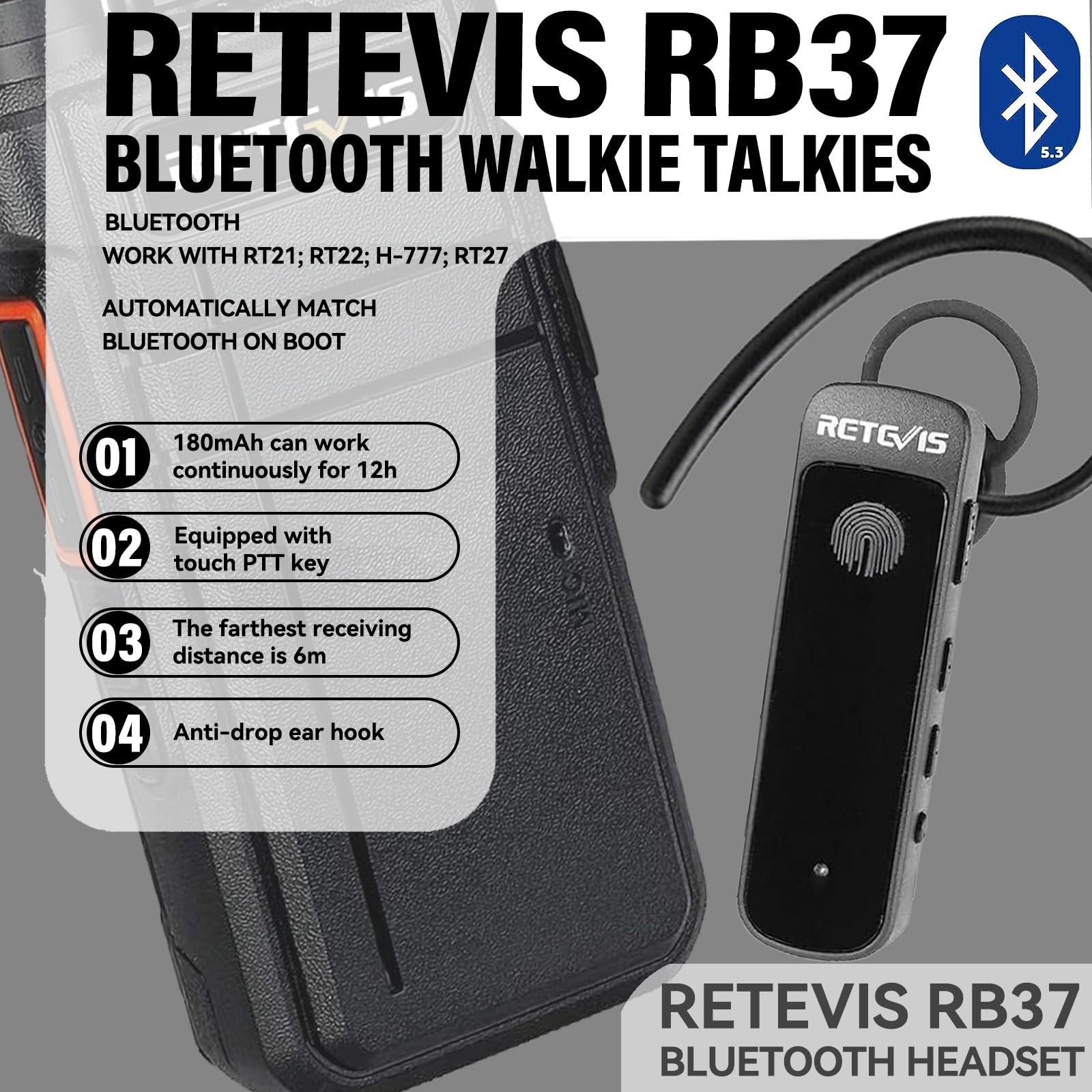 Retevis Rb37 New Version,Bluetooth Two Way Radio,2 Way Radio With Earpiece,2000Mah, Headset Walkie Talkies Wireless For School,C