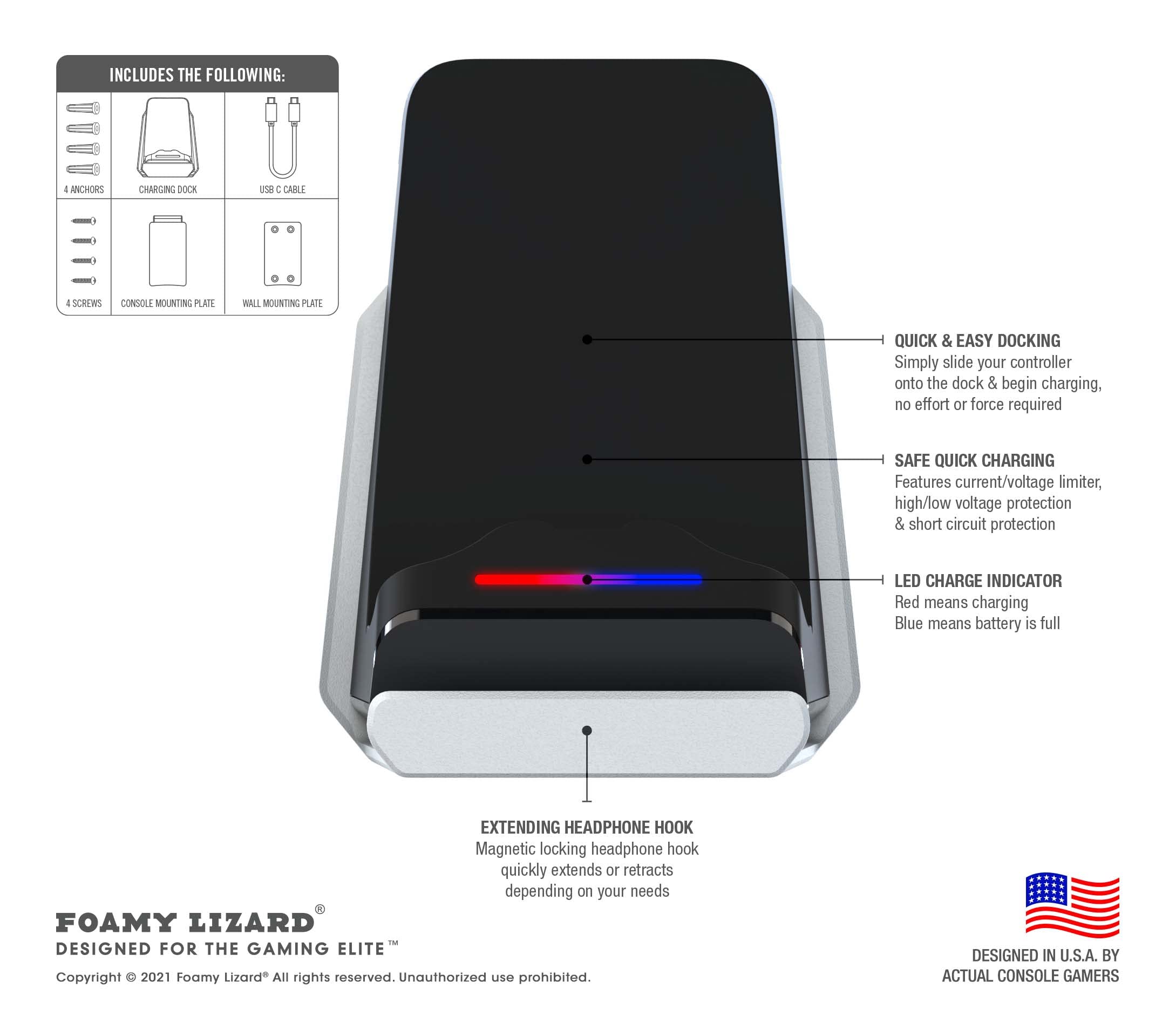 Foamy Lizard Ps5 Controller Charger Console And Wall Mount For Playstation 5 Dualsense Fast Charging Station Hanging Dock, Headp