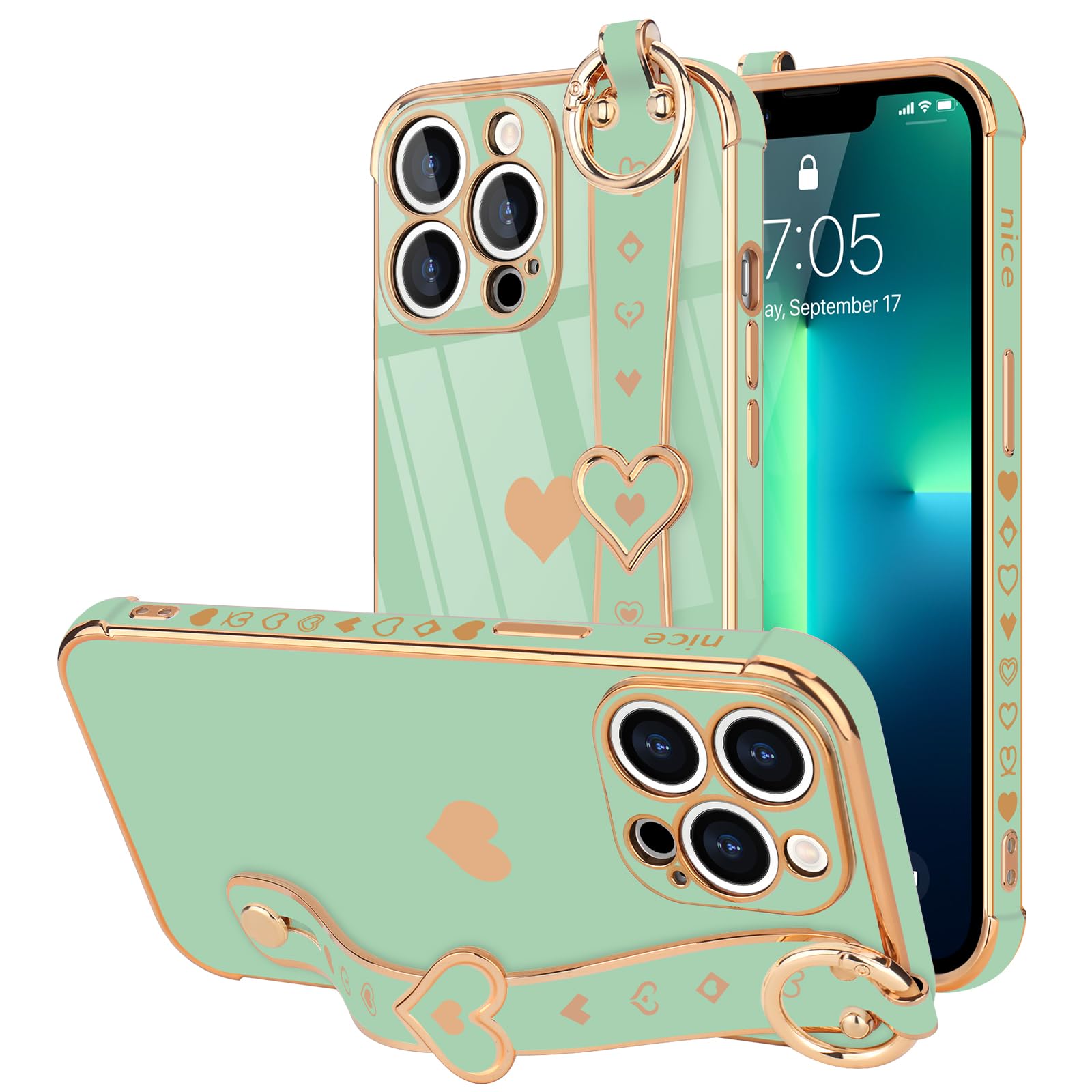 Llz.Coque For Iphone 13 Pro Case Cute Love Heart Plating Strap Phone Cover For Women Girls Bling Silicone Camera Lens Protection