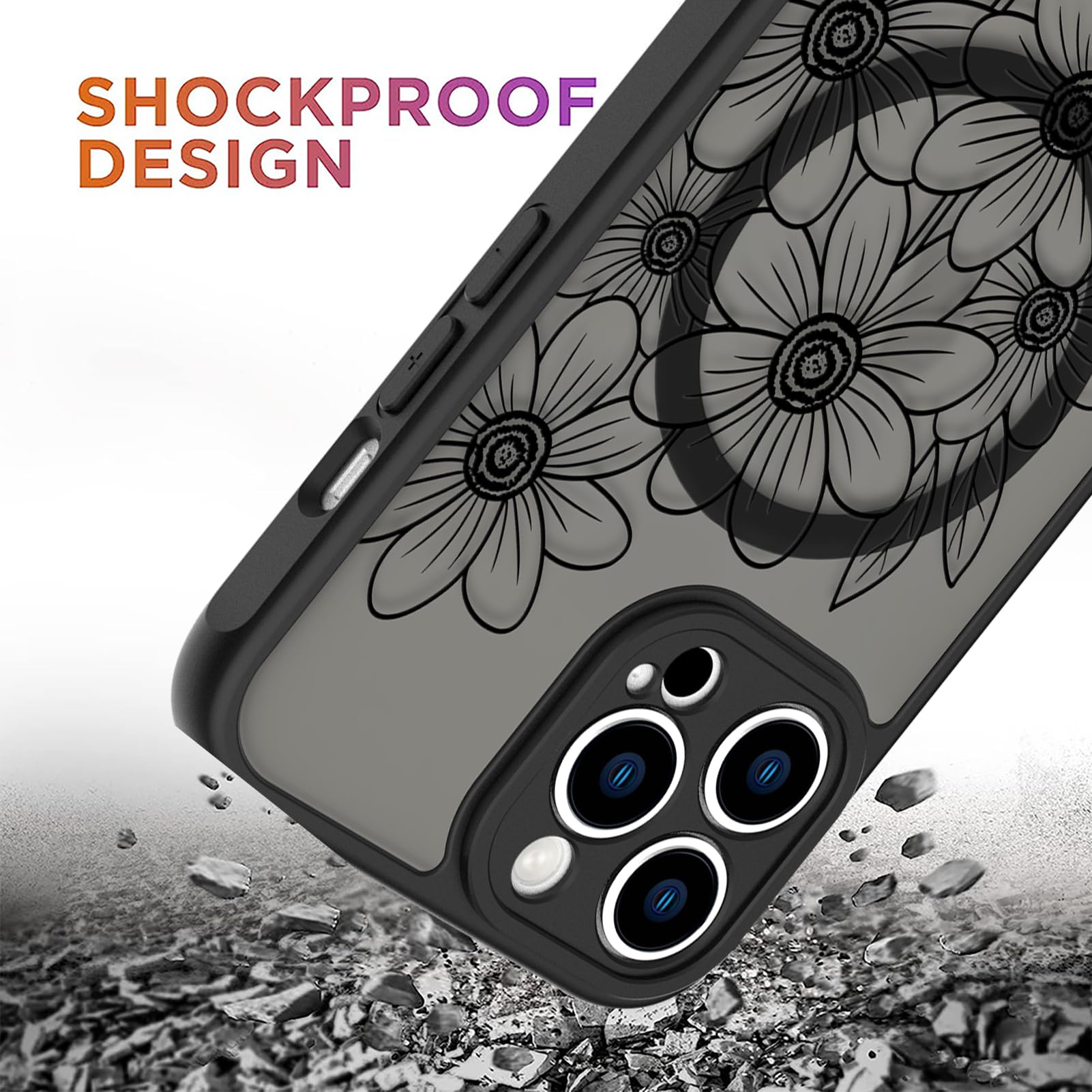 Ook Magnetic For Iphone 14 Pro Max Case Black Flower Sunflower Pattern [Compatible With Magsafe] Slim Translucent Matte Camera L