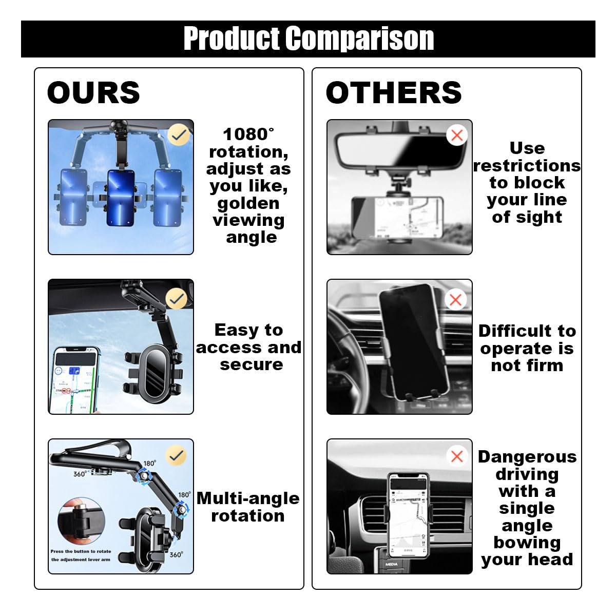 Sun Visor Car Phone Holder, Multifunctional Adjustable Rearview Mirror Cell Phone Holder For Car Home Kitchen, 360 Rotatable And