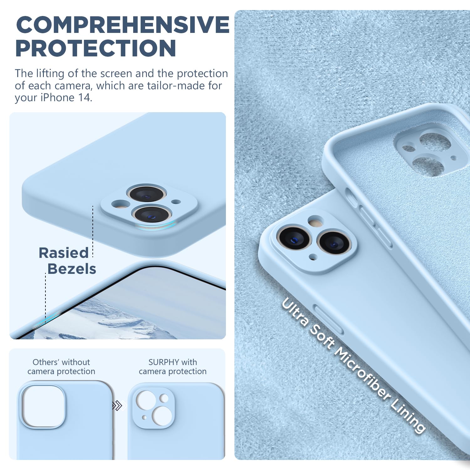 Surphy Compatible With Iphone 14 Case With Screen Protector (Camera Protection + Soft Microfiber Lining) Liquid Silicone Phone C