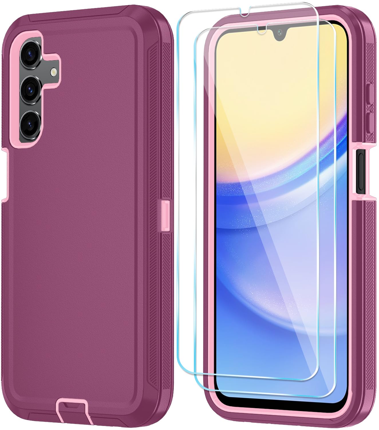 Qinmay Samsung Galaxy A15 5G Case, 3 Layer Shockproof Phone Cover With Hd Screen Protector (Winredpink)