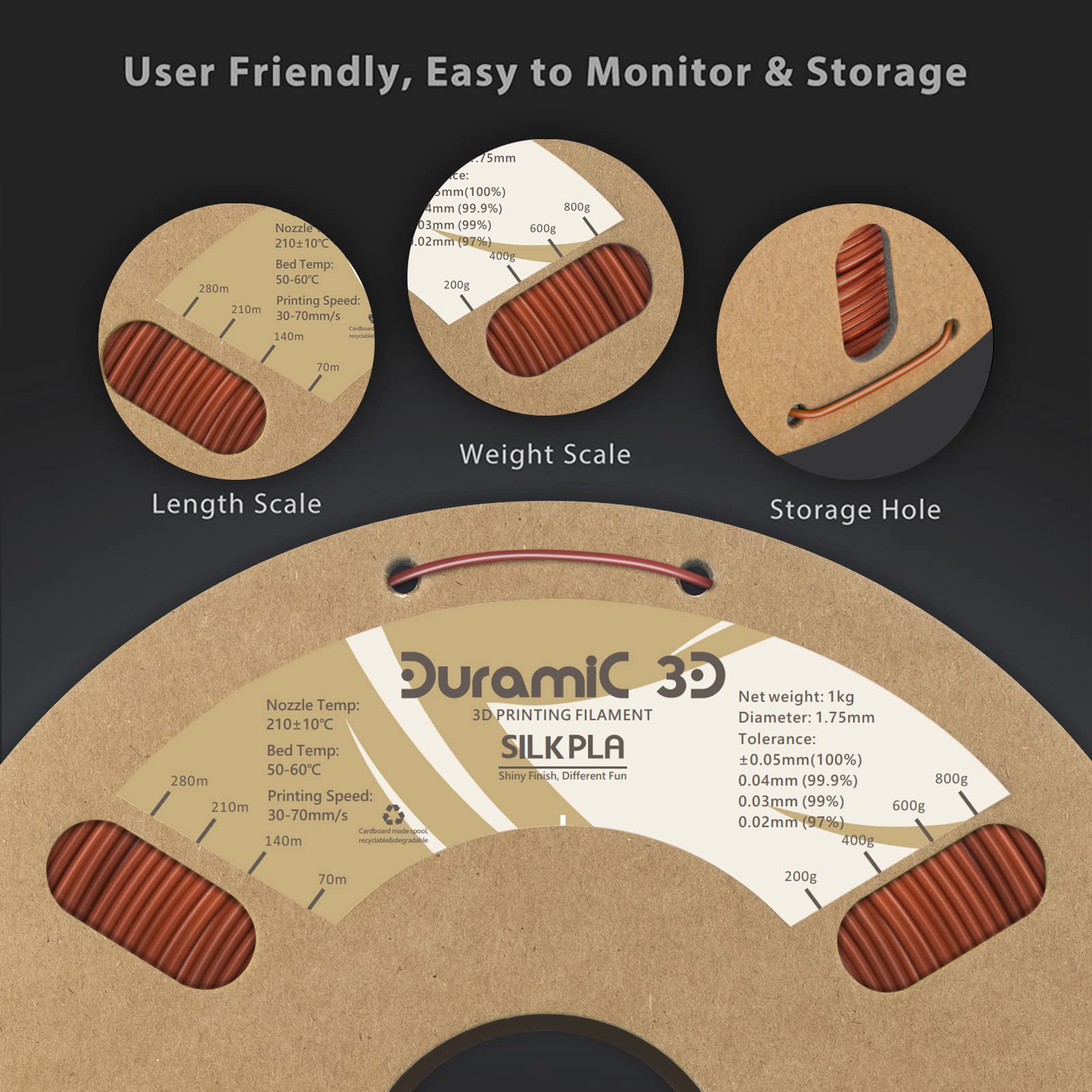 Duramic 3D Shiny Silk Pla Filament 1.75Mm Shiny Metallic Pla Filament Dimensional Accuracy +/- 0.05 Mm Copper