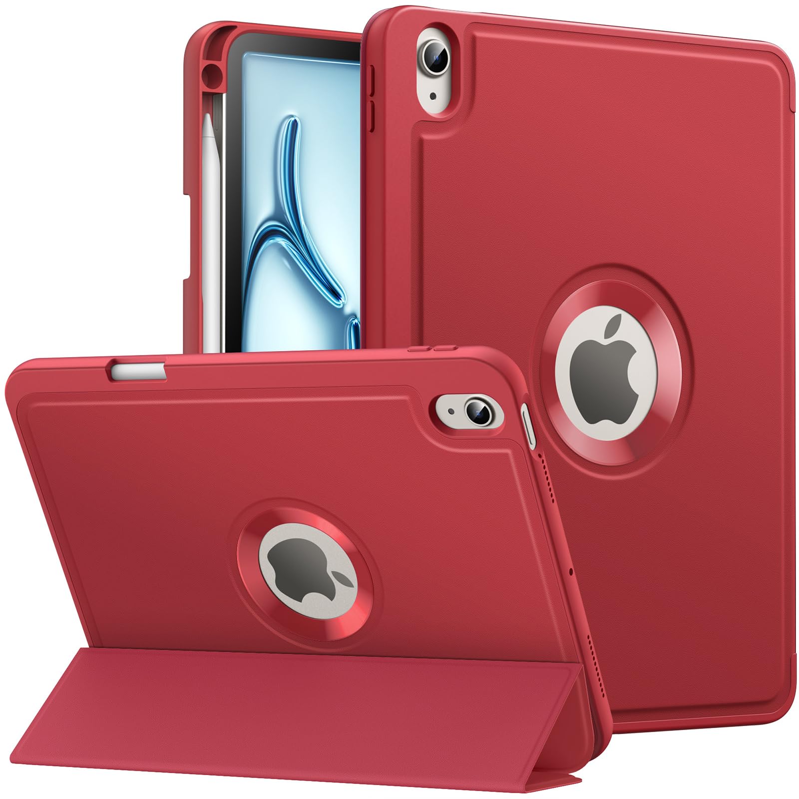 MoKo for iPad Air 11 Inch Case (M2) 2024, iPad Air 6th Generation Case/iPad Air 5th/4th Gen 2022/2020 with Pencil Holder, Smart Trifold Protective iPad Case, Hollow Logo/Auto Wake/Sleep, Red