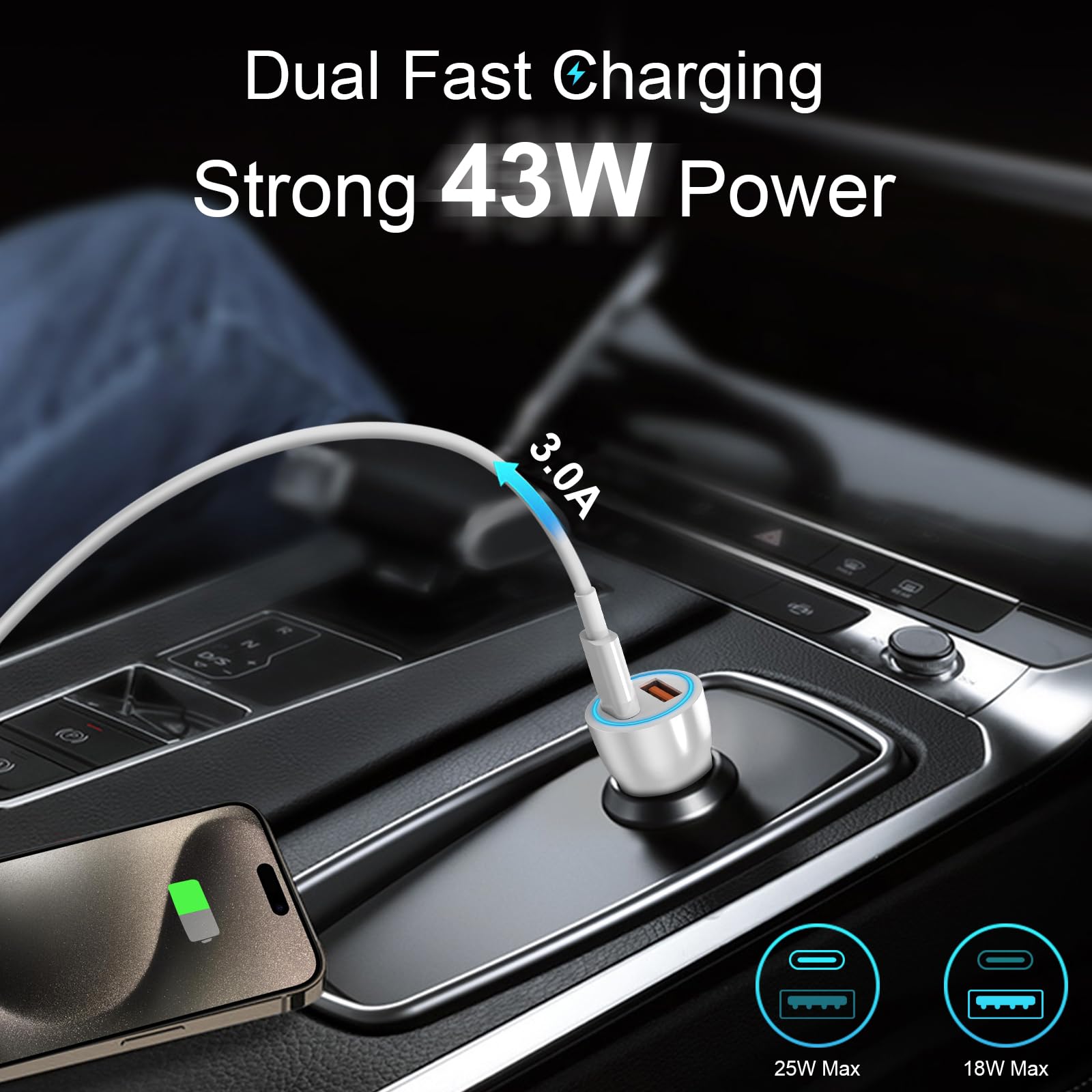 Usb C Car Charger For Iphone 16 15, [Apple Mfi Certified] 43W Fast Charging Usb C Car Charger With 3.3 Ft Usb C To Usb C Cable,