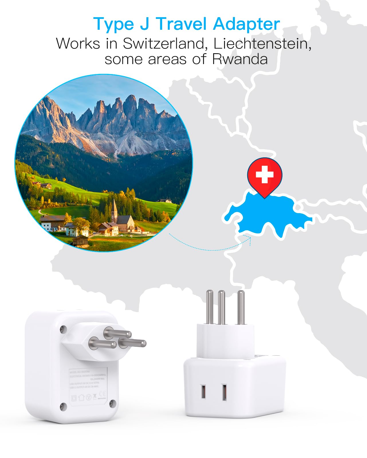 HANYCONY Type J Travel Plug Adapter - 2 Outlets & 2 USB C Ports, White, 2 Pack for Switzerland, Liechtenstein, Rwanda