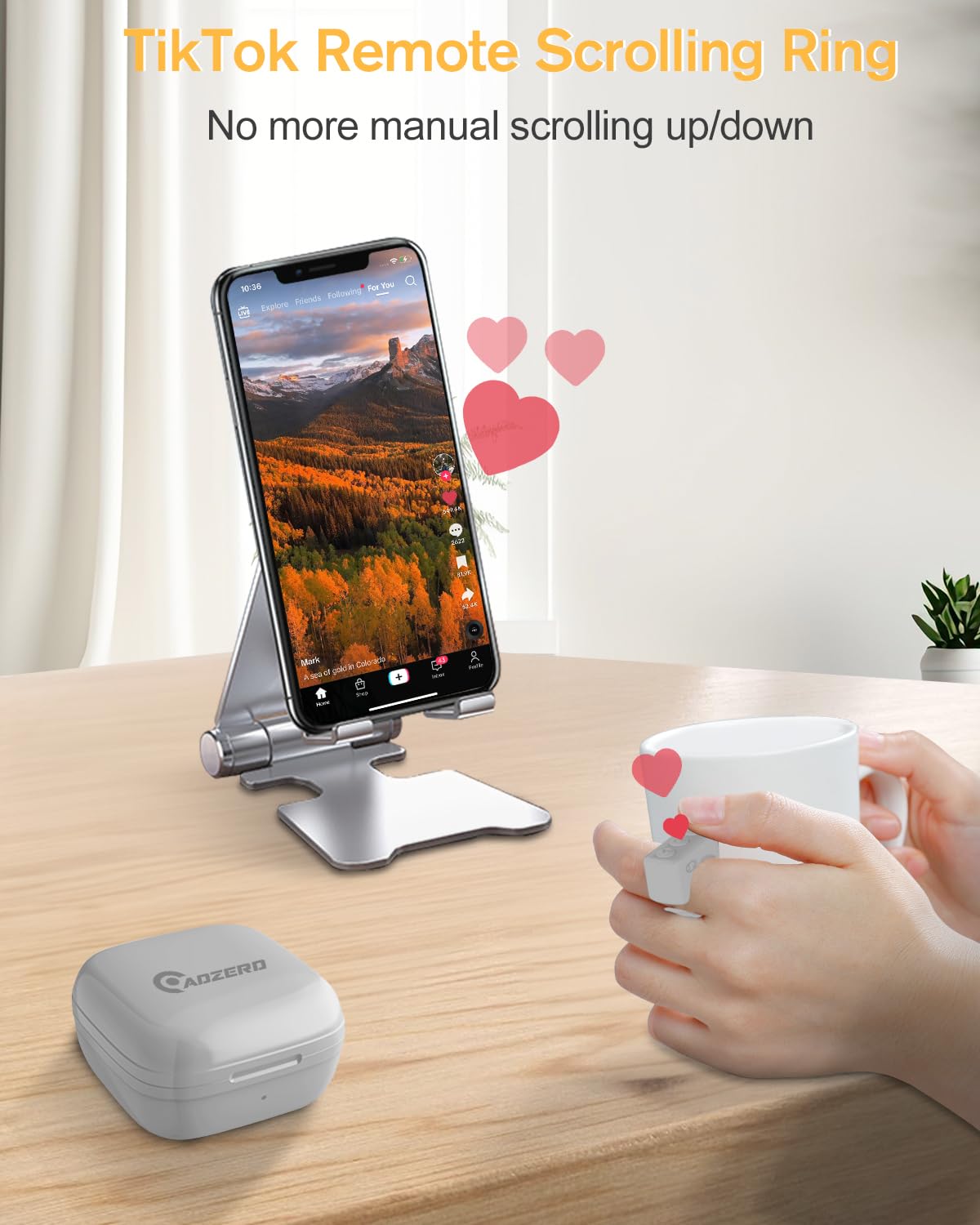 Adzerd Remote Control For Tiktok, Page Turner For Ipad Iphone, Bluetooth Camera Video Recording Remote, Scrolling Ring For Tik Tok, Iphone, Ipad, Ios, Android   Grey