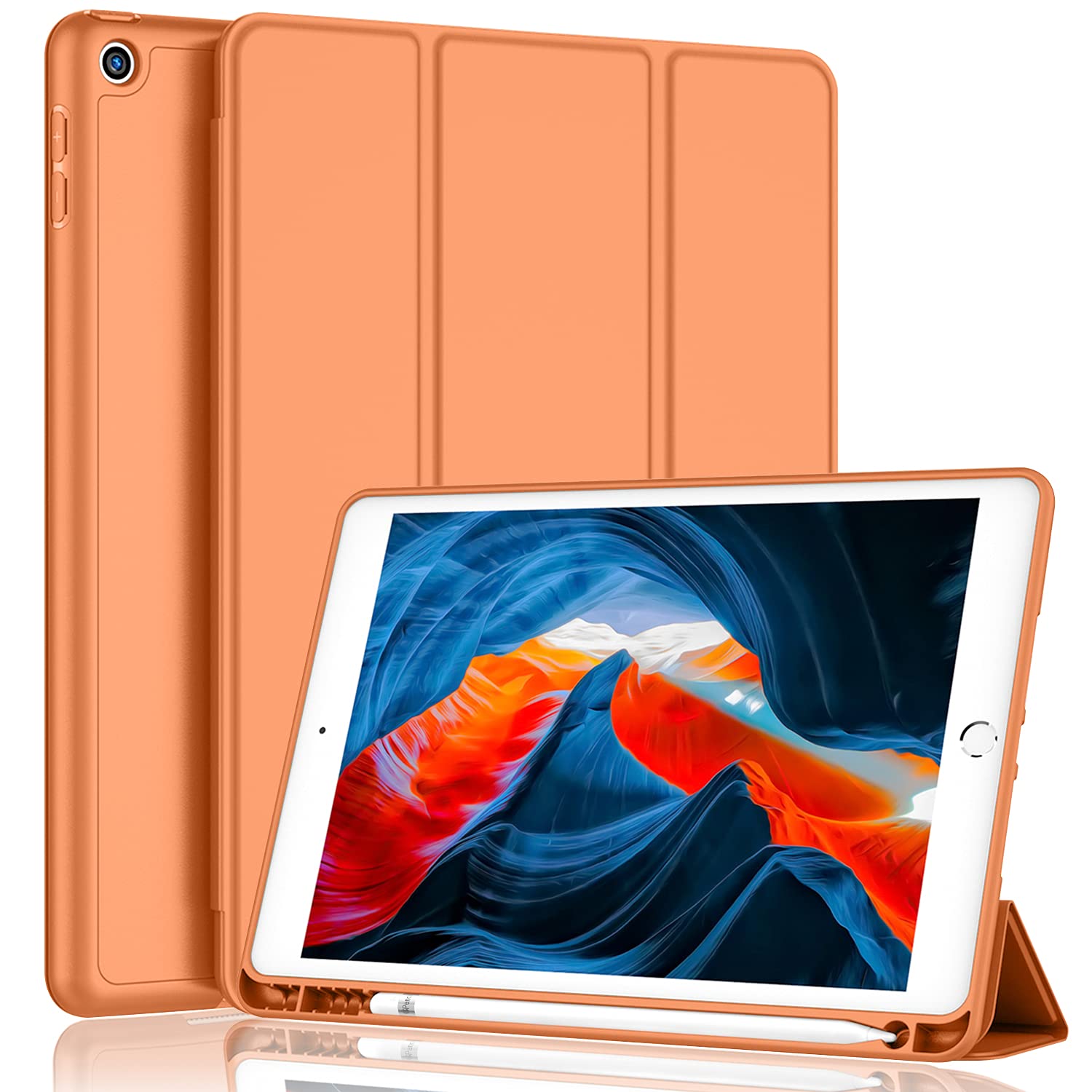 Imieet Ipad 9Th Generation Case 2021/Ipad 8Th Generation Case 2020 10.2 Inch With Pencil Holder, Ipad 7Th Gen 2019 Case With Soft Baby Skin Silicone Back, Auto Wake/Sleep Cover (Orange)