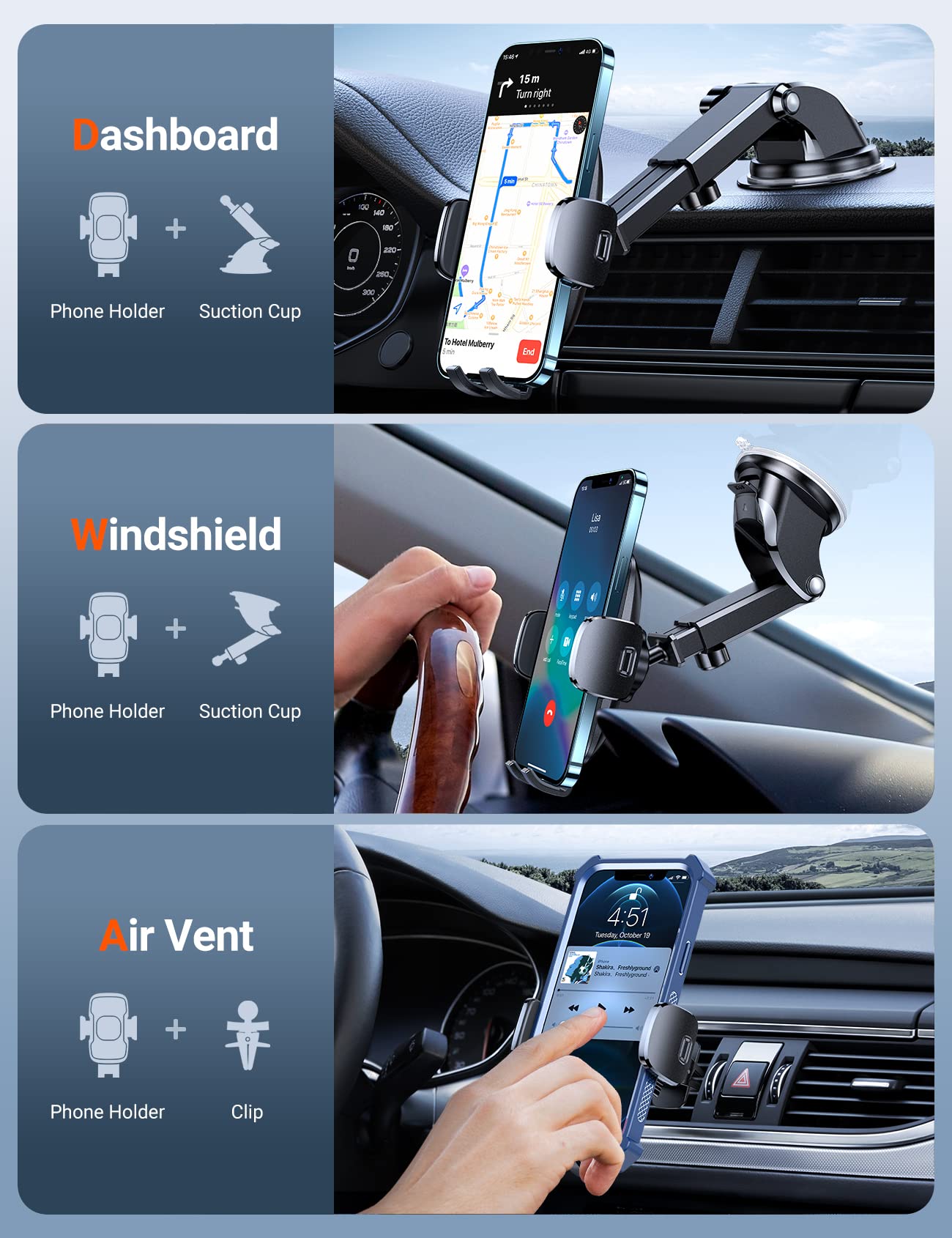 Torras [Ultra Durable Cell Phone Holder For Car, Universal Mount Dashboard Windshield Vent Compatible With Iphone 16 15 14 13 12 Pro Max, Samsung Galaxy S23+ Ultra S10 Note Plus