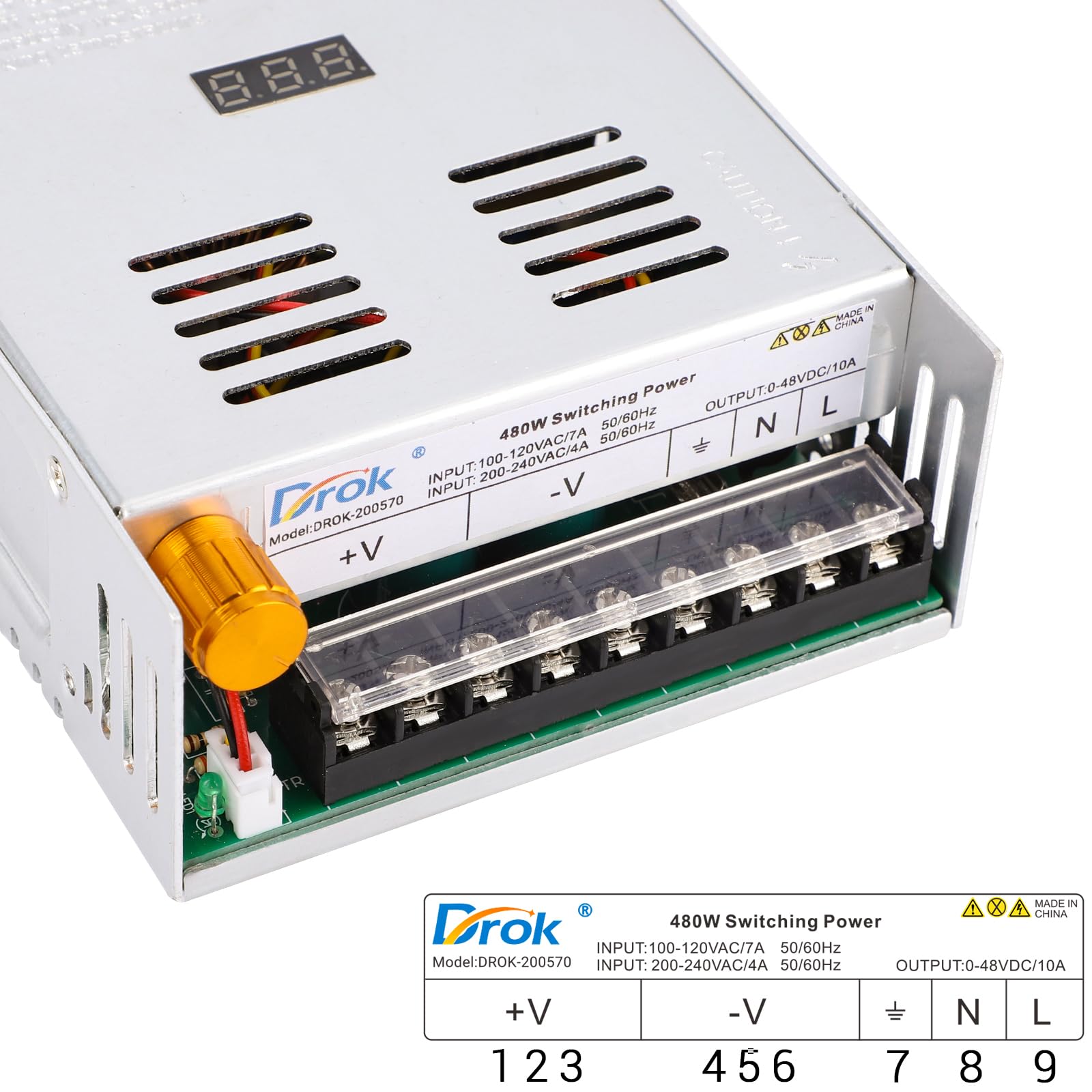 DROK 48V Power Supply, AC to DC Adjustable 10A 480W Converter for Lab CCTV, 5V-48V Voltage Transformer, Single Display Fix Current