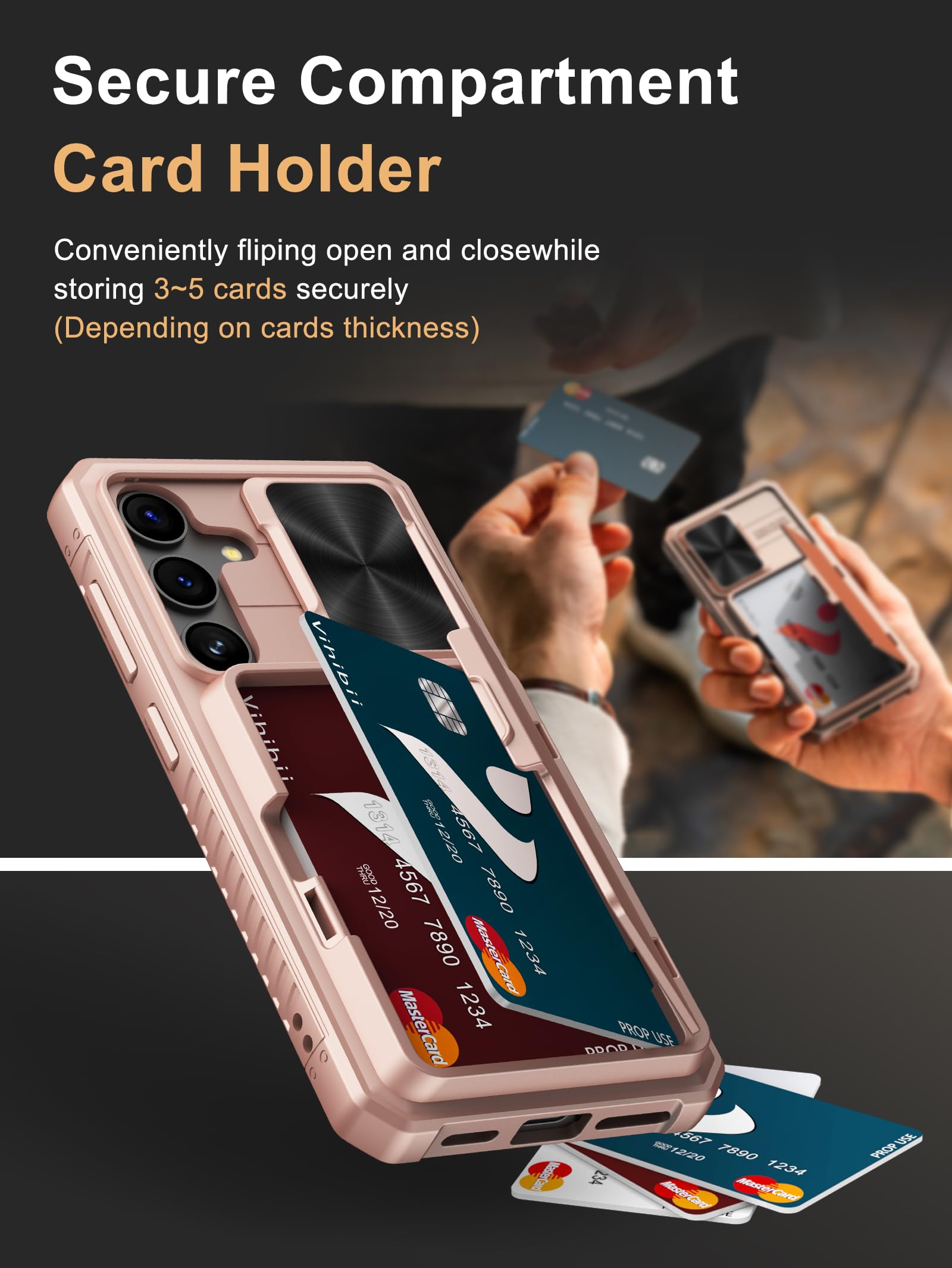 Vihibii For Samsung Galaxy S24 Case With Slide Camera Protection Cover, Built In Card Holder (4 Cards) & Kickstand, Rugged Durab