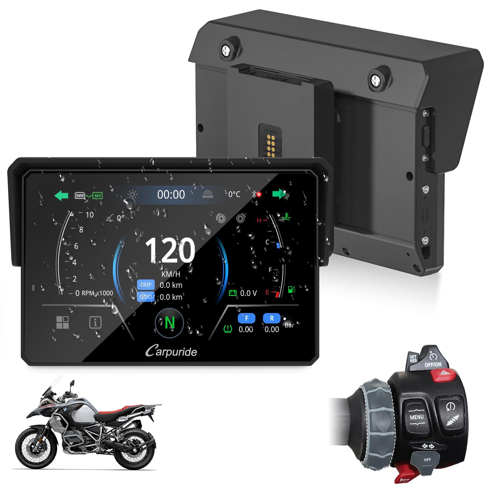 CARPURIDE W502BS for BMW Motorcycle CarPlay & Android Auto Dual Bluetooth, 5 Waterproof GPS Navigation Screen, Data Reading, Nat