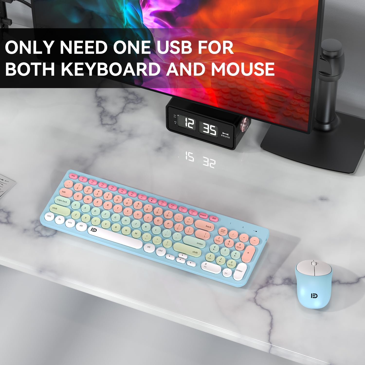Tkvpjyyi Wireless Keyboard And Mouse Combo, 2.4Ghz Usb Cordless Round Keys Set For Laptop, Computer, Tv (Pink+Blue)