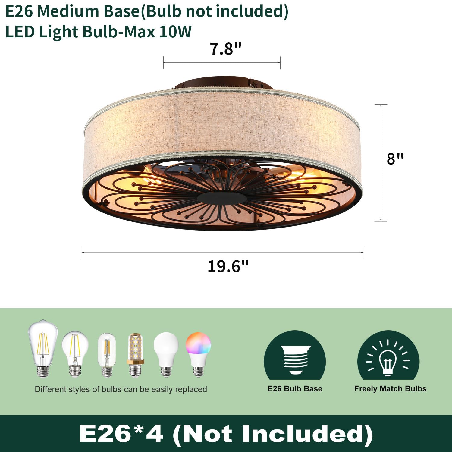 20'' Boho Rattan Caged Ceiling Fan With Light,Low Profile Flush Mount Bladeless Ceiling Fan With Remote Control, 6 Speeds Revers