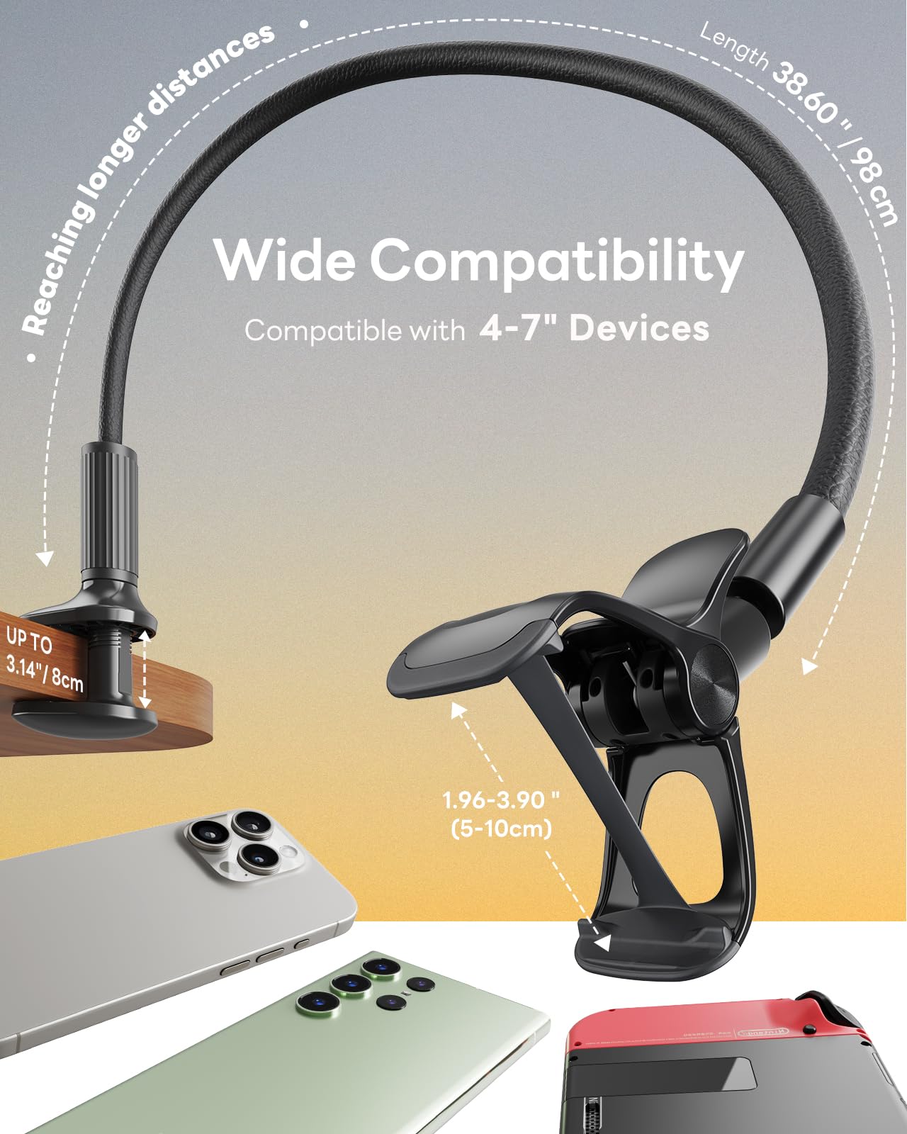 Saiji Gooseneck Phone Holder For Bed Overall Length 38.6    Flexible Leather Wrapped Arm Overhead Cell Phone Mount Stand With 36