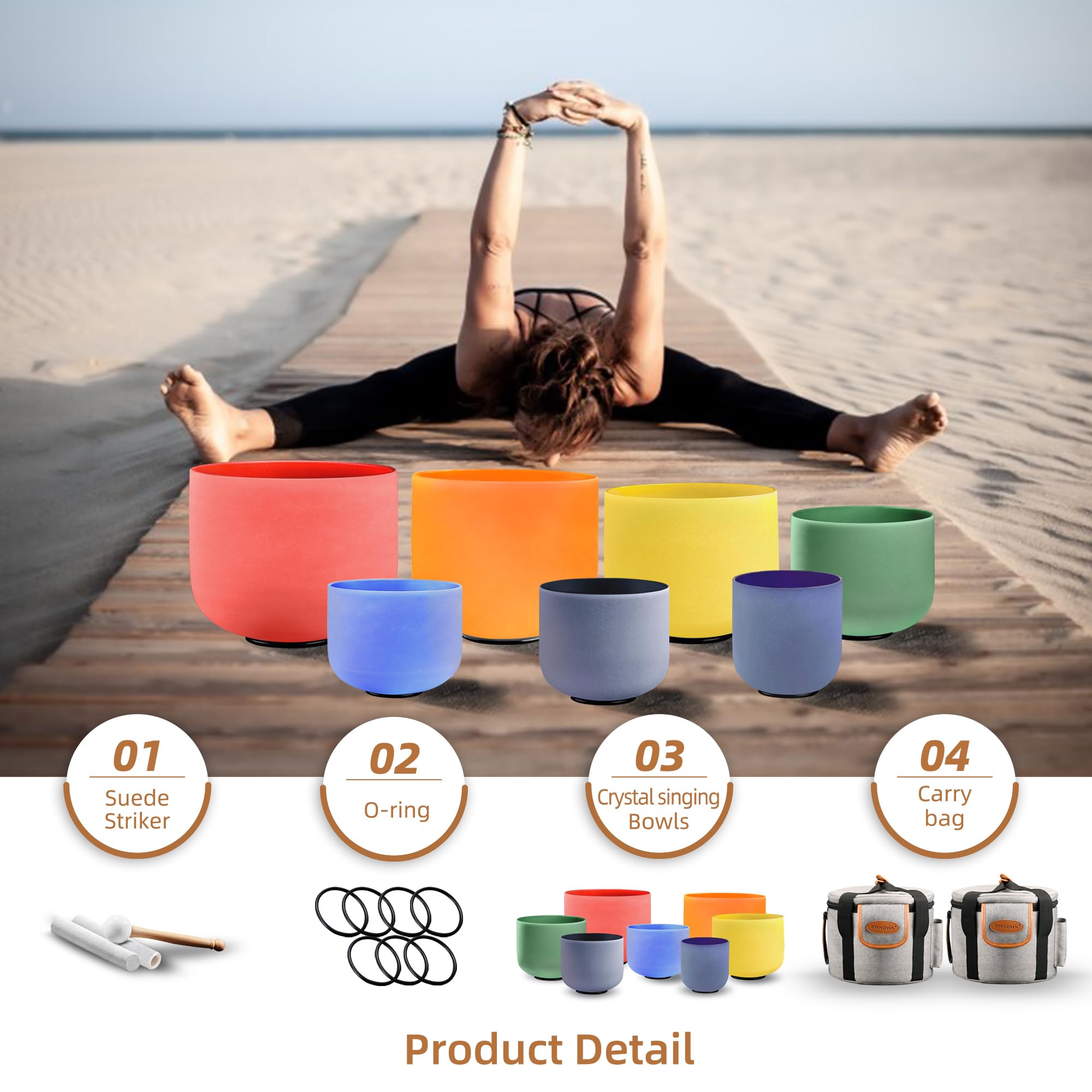Ryan Dvan 432 Hz 7-12 Inch Set Of 7 Colored Frosted Quartz Crystal Singing Bowl With Free 2 Pcs Carrying Cases