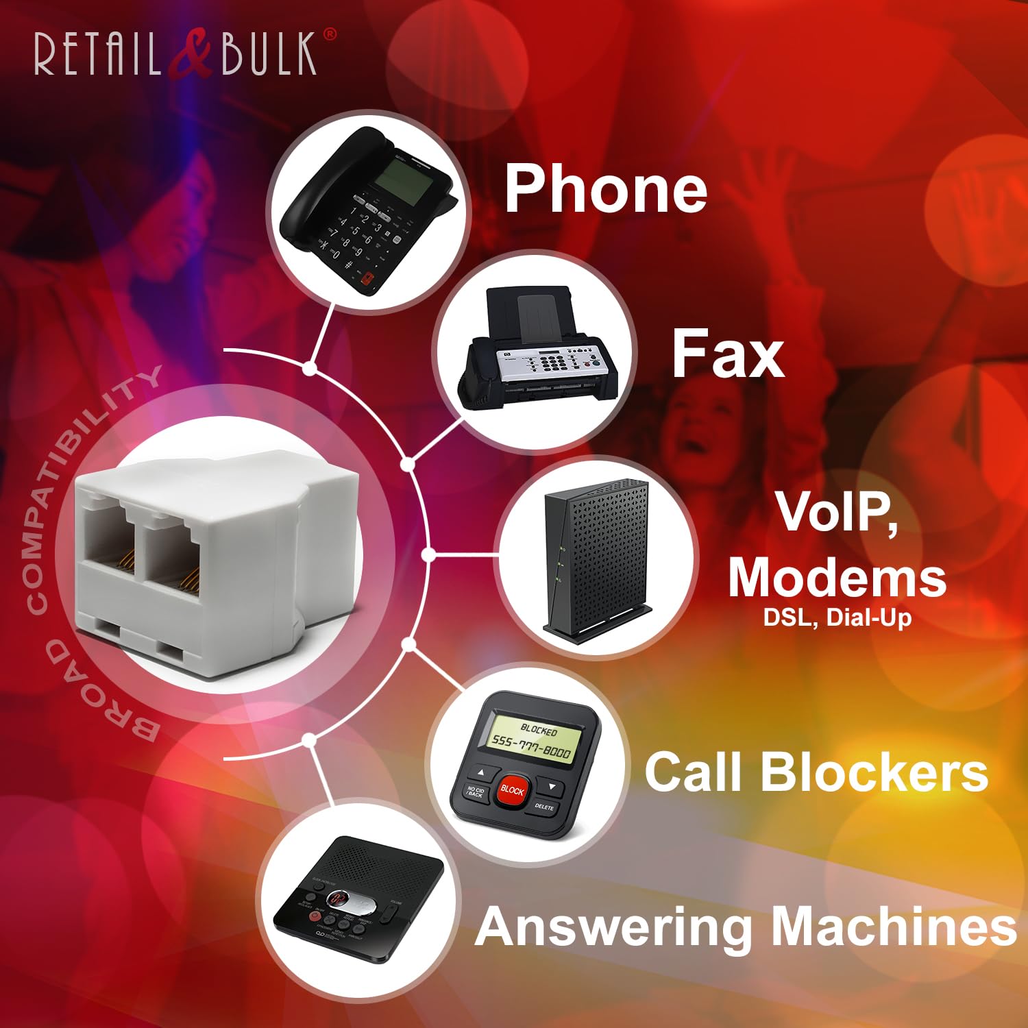 Retailandbulk Phone Jack Splitter For Landline Telephone Rj11 6P4C 2 Way Adapter (1 Splitter + 2.5 Inch Cable) Made In Usa