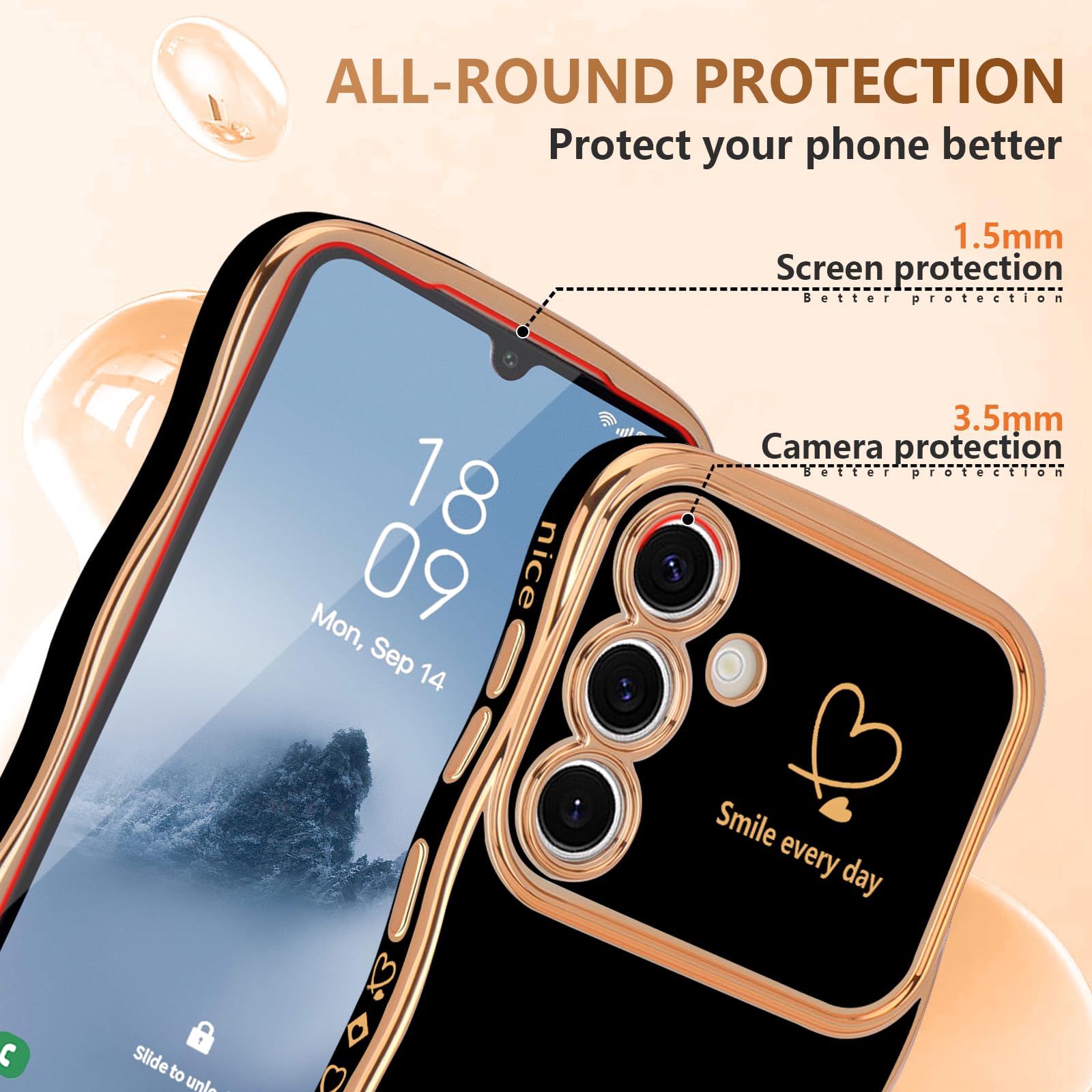 Lchulle For Samsung Galaxy A14 4G/5G Case For Women Girls, Cute Wave Frame Curly Shape With Love Heart Pattern Raised Camera Pro