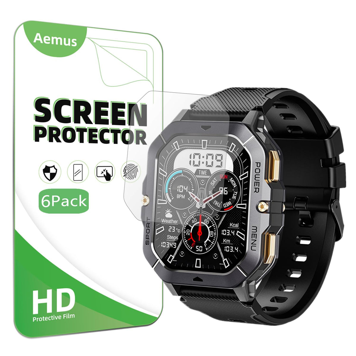 Aemus Screen Protector Compatible For Dekelife Military Smart Watch 2.02'' (6 Pack) C28 Smart Watch Full Coverage Hd Pet Film, C