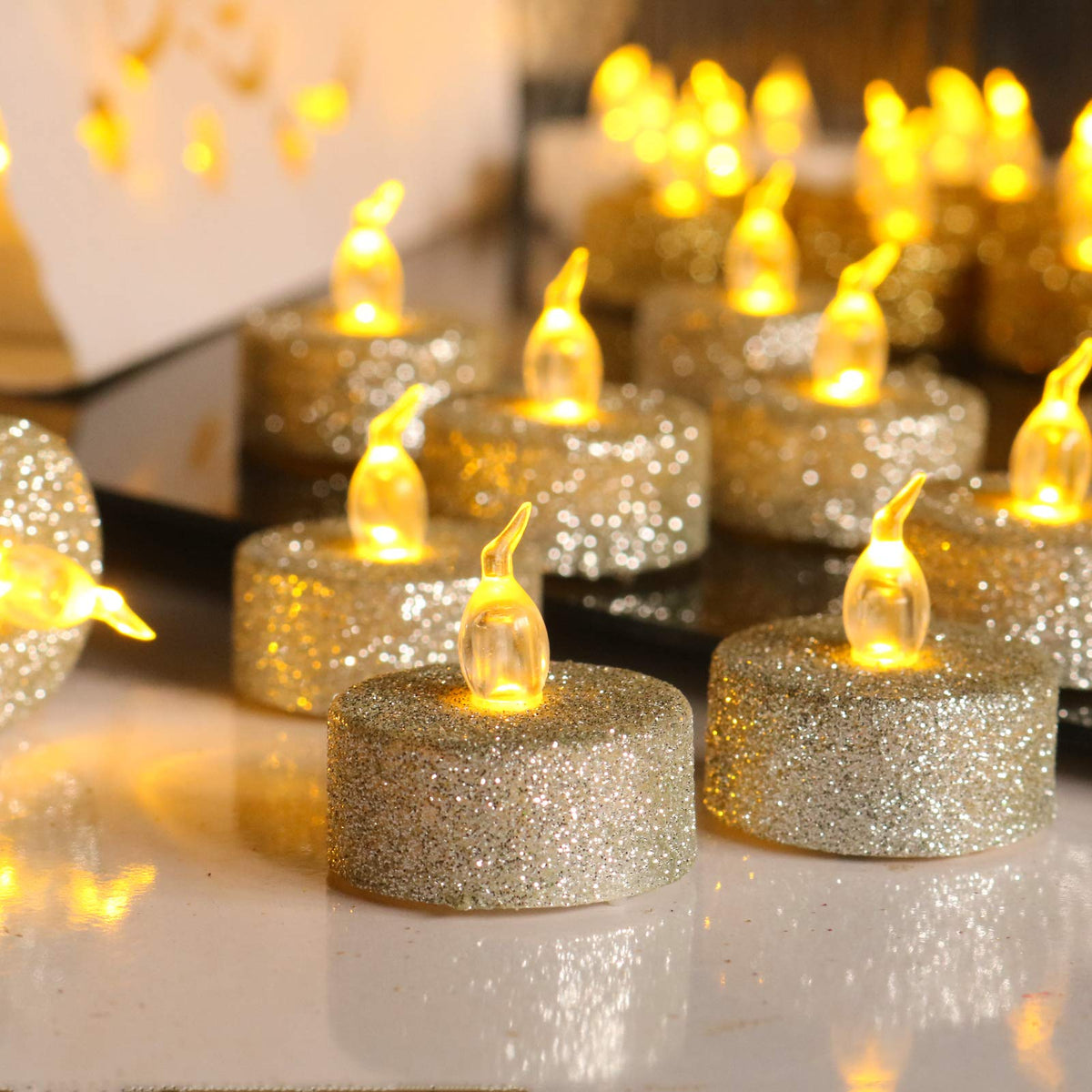 Aulaygo 12Pcs Battery Operated Tea Lights Votive Candles With Yellow Flickering For Christmas Thanksgiving Home Wedding Party Ha