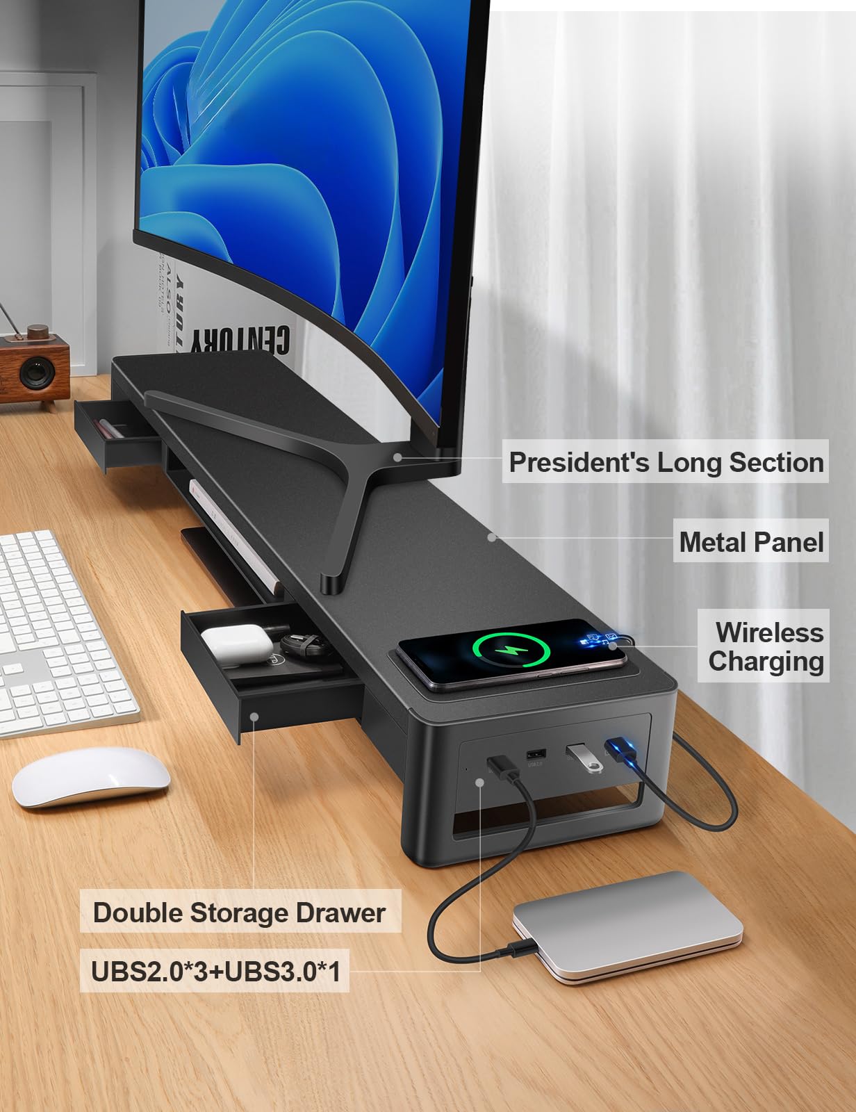 Meatanty Dual Monitor Stand Riser With 2 Drawers,4 Usb Ports And Charging Pad,Metal Monitor Stand For 2 Monitors Supports Transf