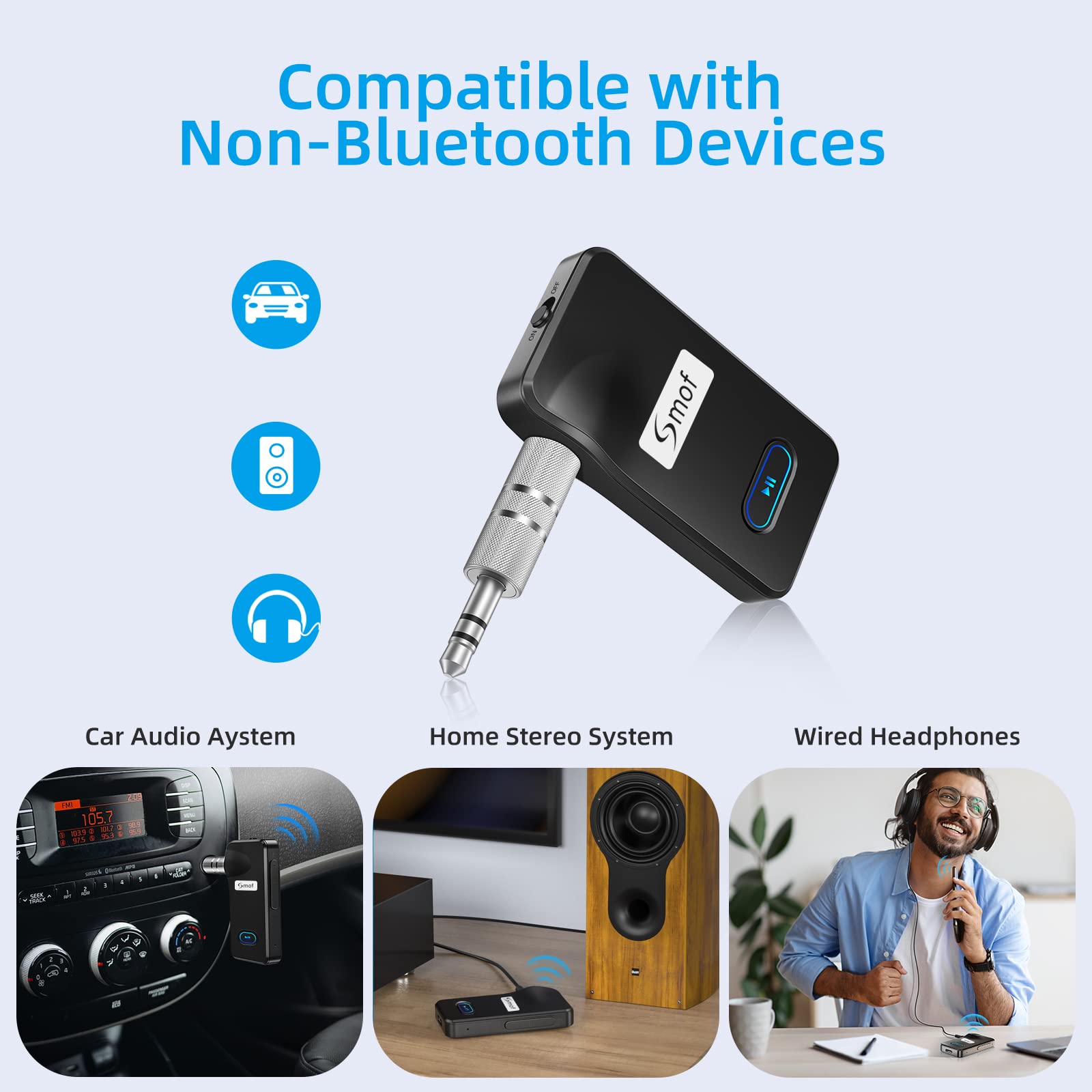 Smof Aux Bluetooth Receiver For Car, Portable 3.5Mm Aux Bluetooth 5.0 Car Adapter, 12 Hour Battery Life, Handsfree Calls, Dual Device Connection, For Car Stereo/Home Stereo/Wired Headphones/Speaker