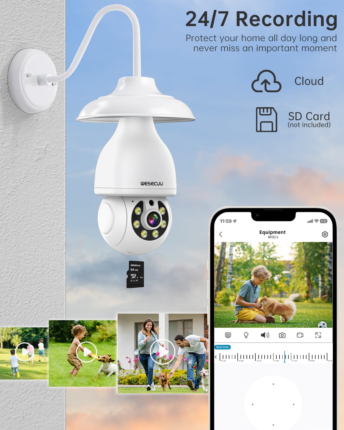 WESECUU Light Bulb Security Camera, 2.4G/5G WiFi, Wireless Outdoor, 2-Way Talk, Human Detection, Color Night Vision, Compatible with Alexa,
