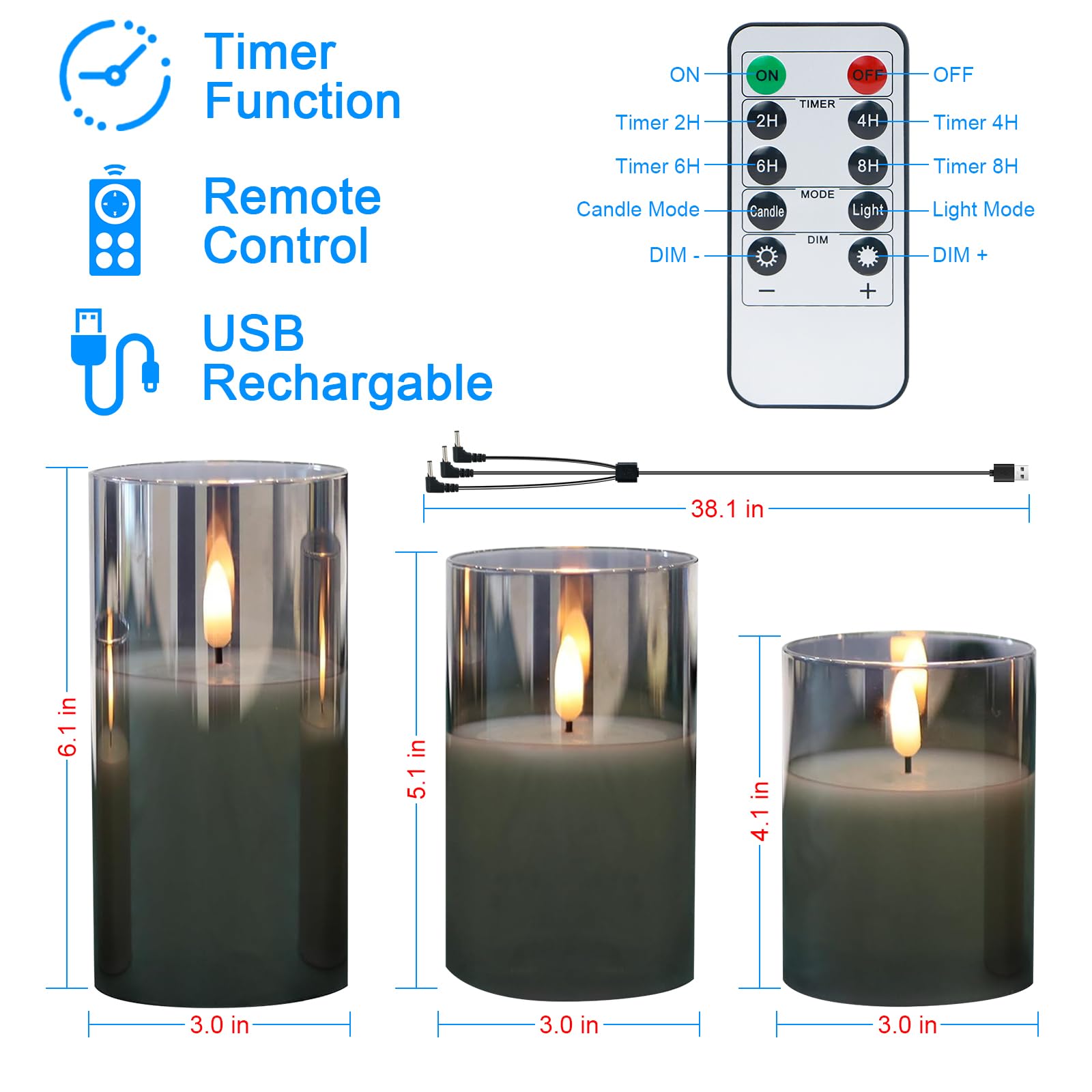 Wilux Rechargeable Led Flameless Candles Flickering With Timer & Remote Control, Built In Battery Led Gray Glass Candles Gift Se