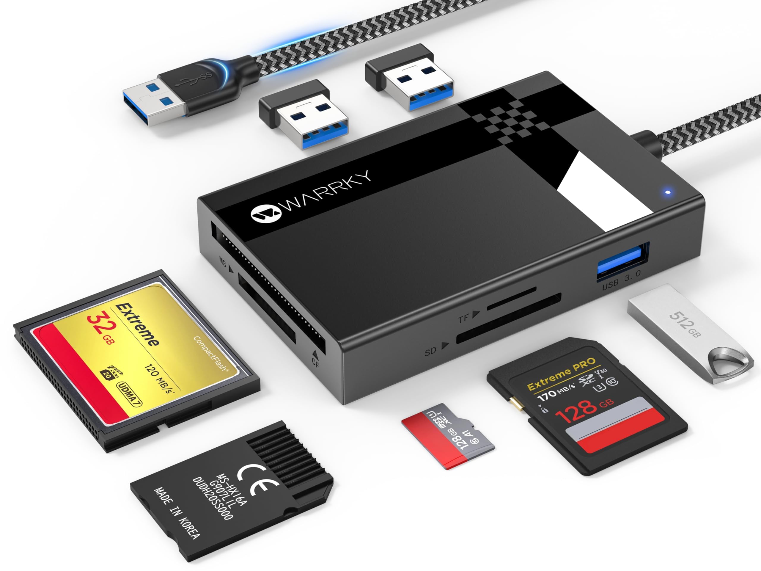 Sd Card Reader Usb 3.0, Warrky [2.5Ft Nylon Braided, Extra Usb 3.0 Ports, 5Gbps] 7 In 1 Memory Card Reader, Micro Sd Card Adapter For Microsd, Sdxc, Sdhc, Cf, Ms, Mmc, Micro Sdxc/Sdhc, Uhs I, More