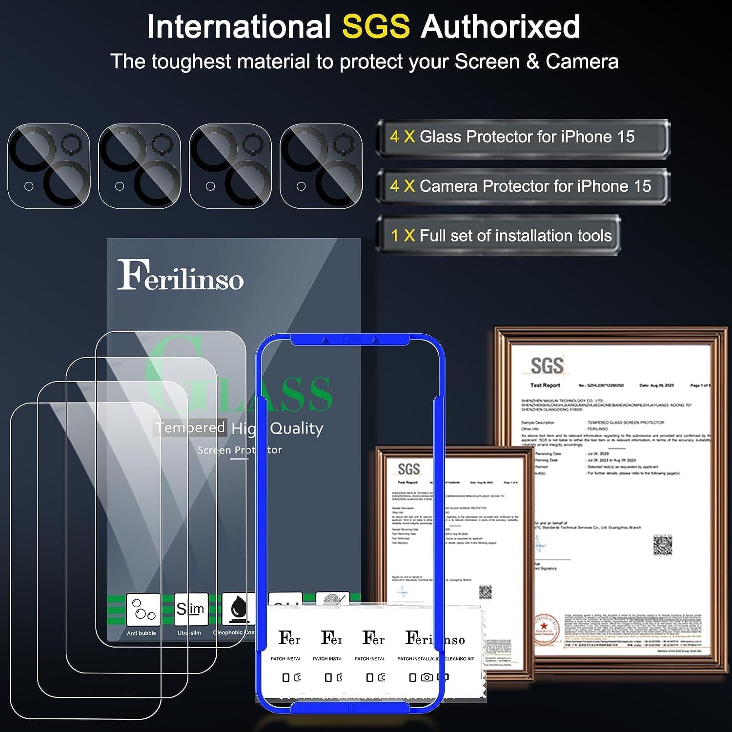 Ferilinso 4 Pack Screen Protector For Iphone 15 With 4 Pack Tempered Glass Camera Lens Protector Phone Case Friendly Hd Accessor