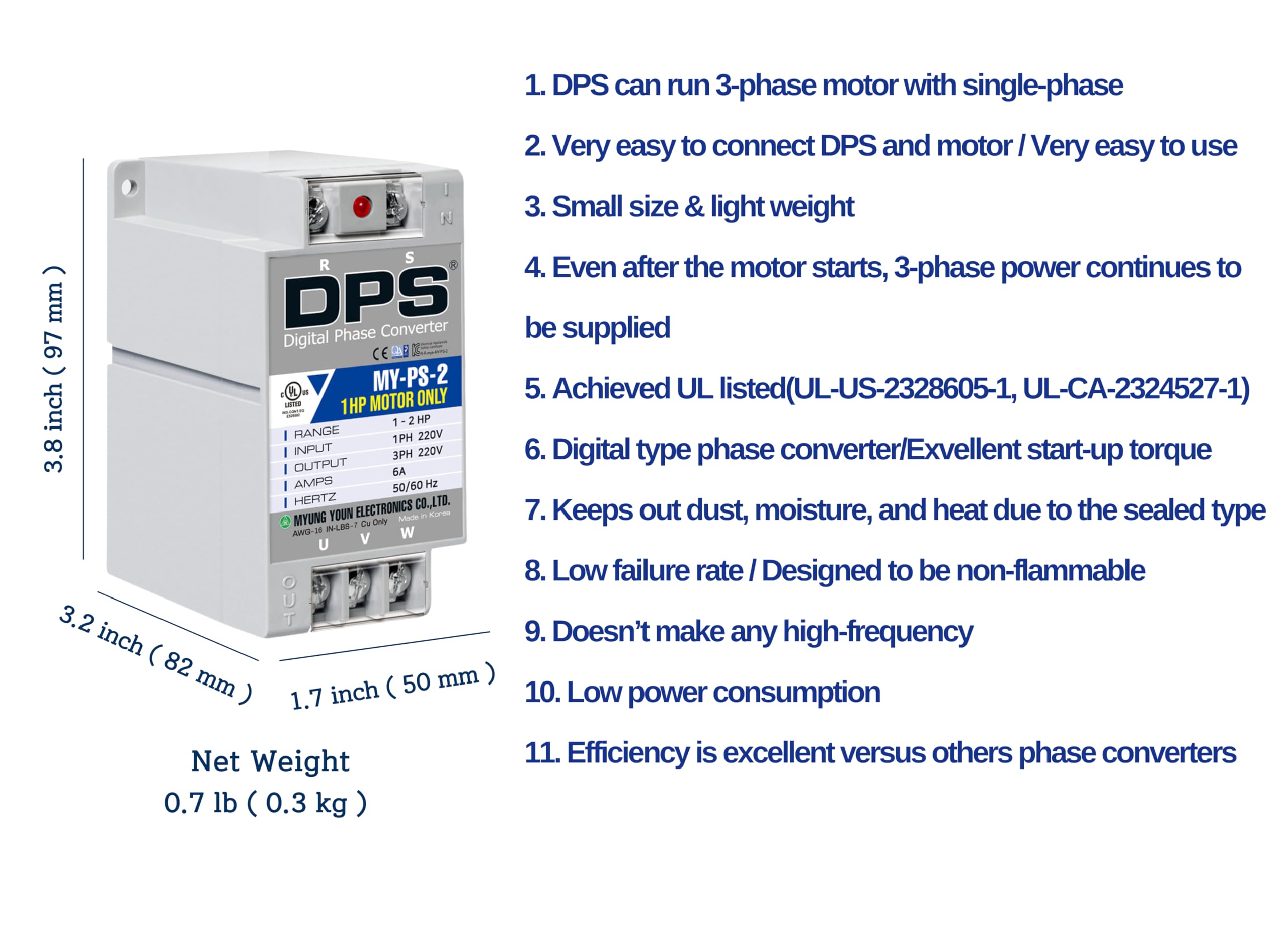 DPS MY-PS-2 2HP Single to 3 Phase Converter, 200-240V, Grey, 2in x 3.8in x 3.2in,