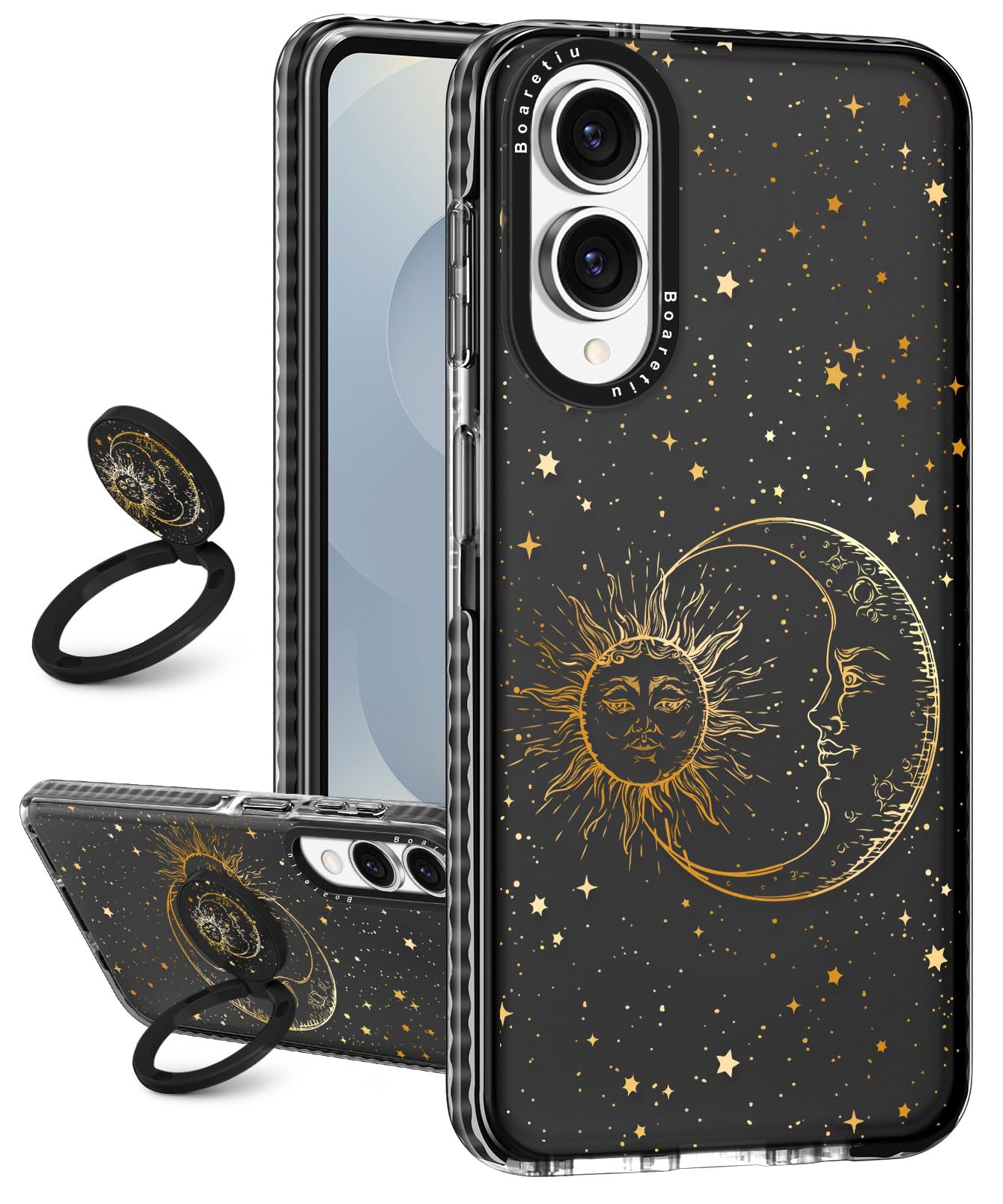 Boaretiu for Samsung Galaxy S25 Edge Case - with Stand Cute Fashion 360 Rotate Ring Holder Kickstand Sun Moon for Women Girls Bo