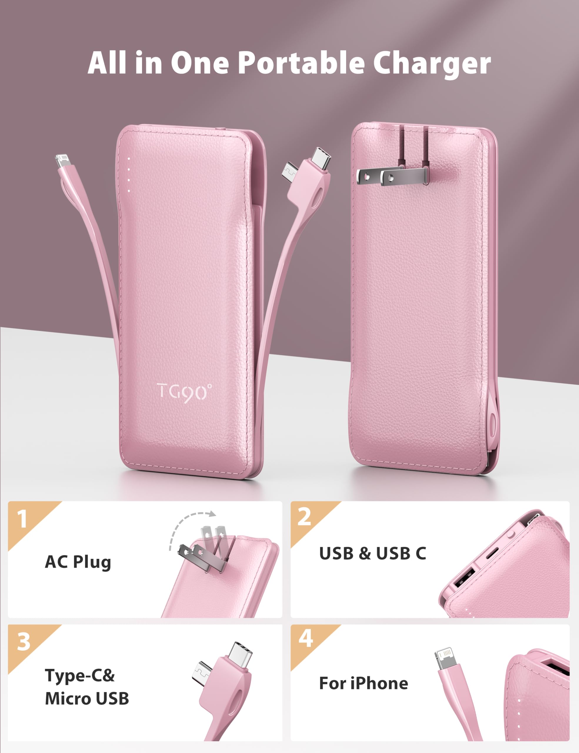 Tg90 2 Pack Slim 10000Mah Power Bank Built In Foldable Ac Wall Plug And Cables,Ultra Compact Cell Phone Charger,Pocket Size Usb