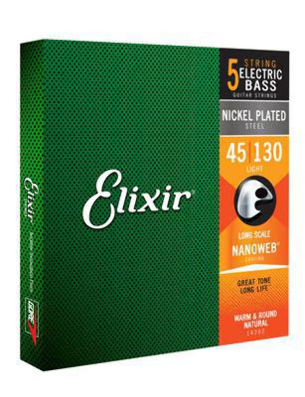 Elixir Strings Nickel Plated Steel 5 String Bass Strings W Nanoweb Coating, Long Scale, Light (.045 .130)