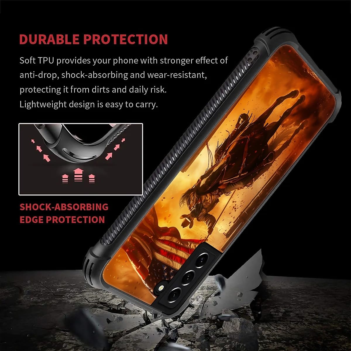 Carloca Compatible With Samsung Galaxy S21 Case, Horse American Flag Cowboy Pattern For Girl Ultra Protection Shockproof Soft Si