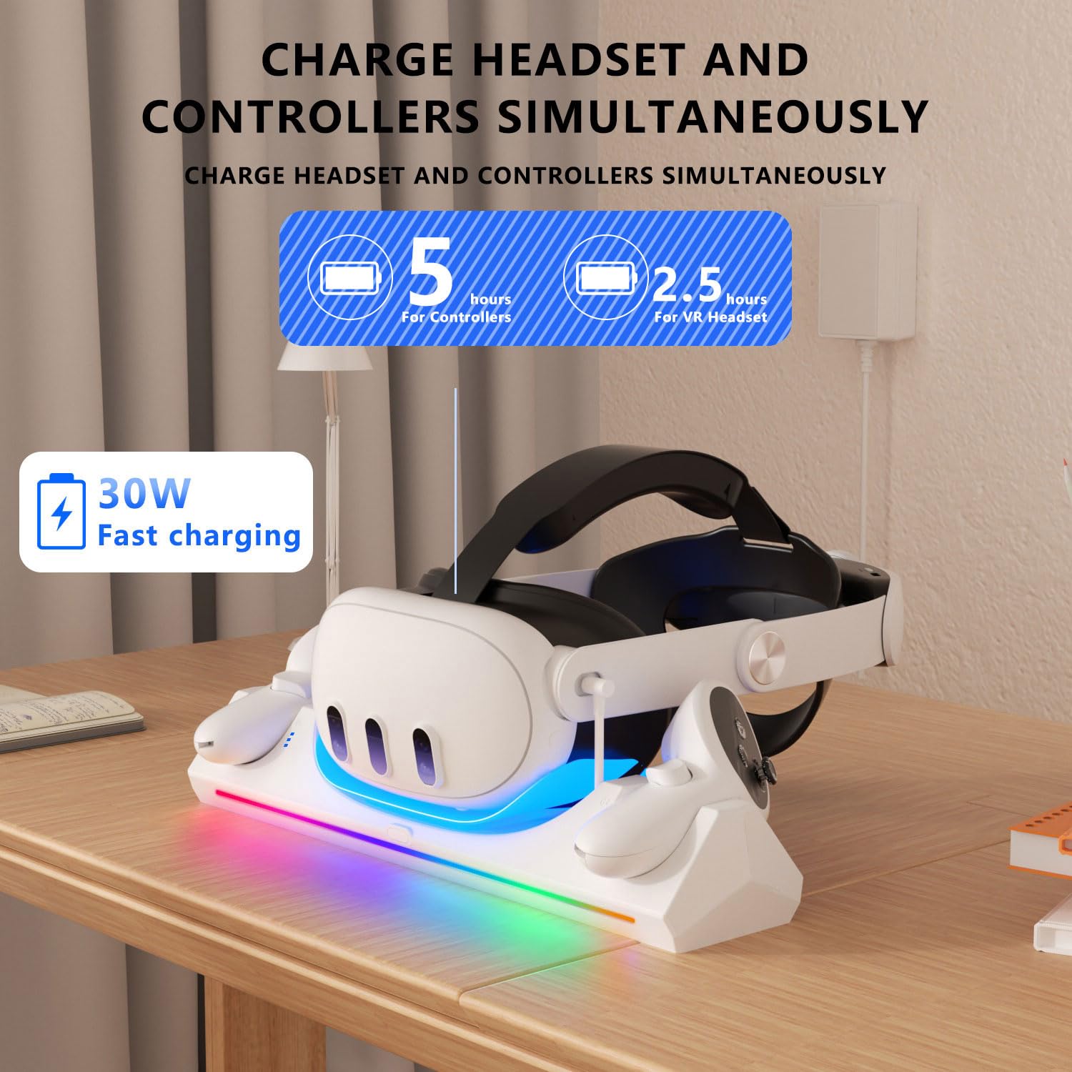 Eslick Charging Station For Oculus Quest 3S/ Quest 3 Accessories, 30W Fast Adapter Charging Dock With Led Indicator, Includes 2