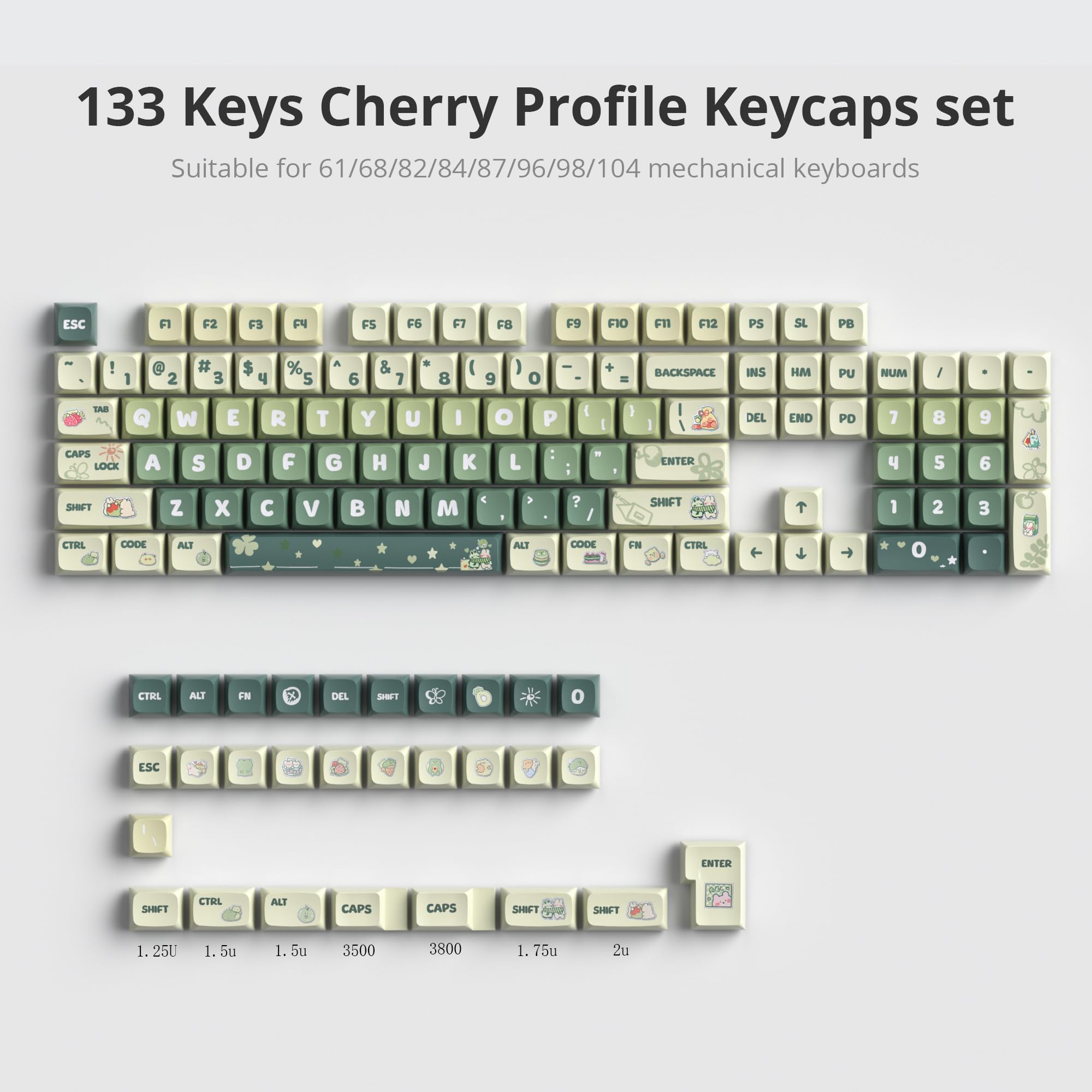 Guffercty Kred 133 Keys Xda Profile Green Keycaps 75 Percent Cute Pbt Keyboard Caps With Iso Keys For 60% 65% 75% 96% Mechanical