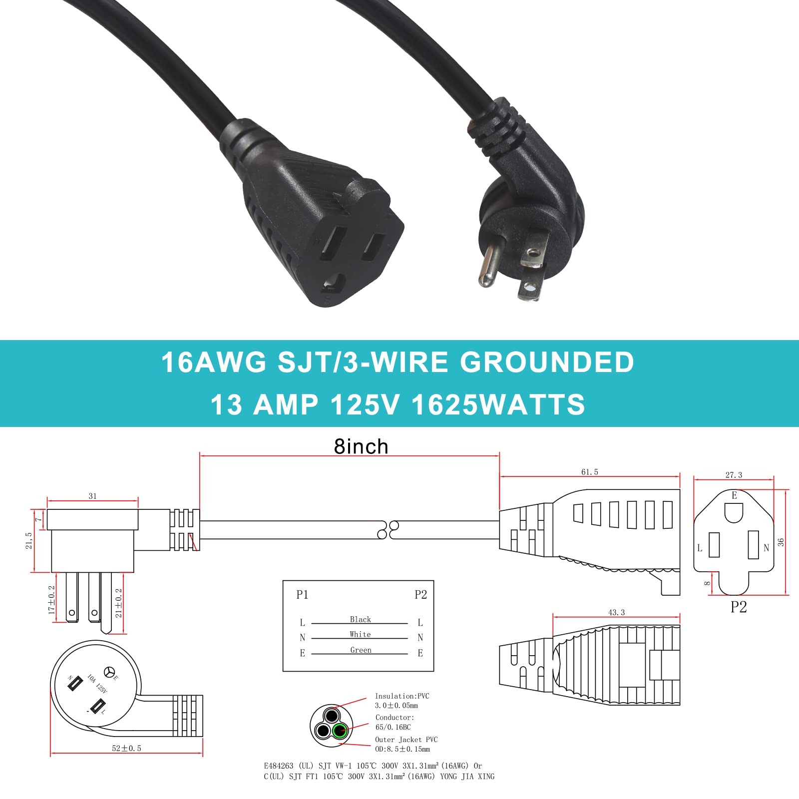 [1 Pack] 8Inch Flat Plug Short Power Extension Cord   Black Low Profile Flat Plug Short 3 Prong Grounded Indoor Extension Cord,1