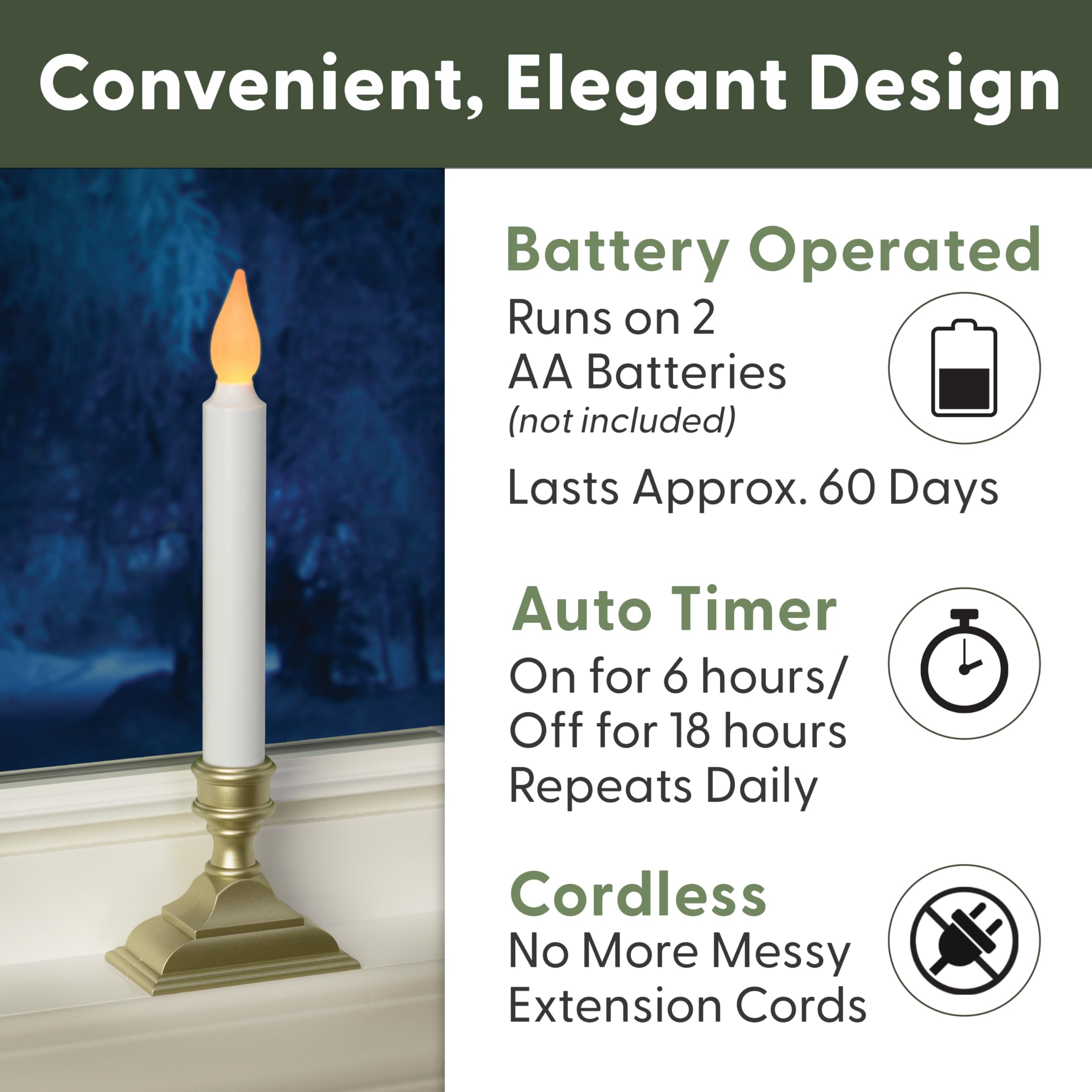612 Vermont Battery Operated Led Window Candles With Flickering Amber Flame, Automatic Timer, 9.75 Inches Tall, Vt 1206P (Pack O