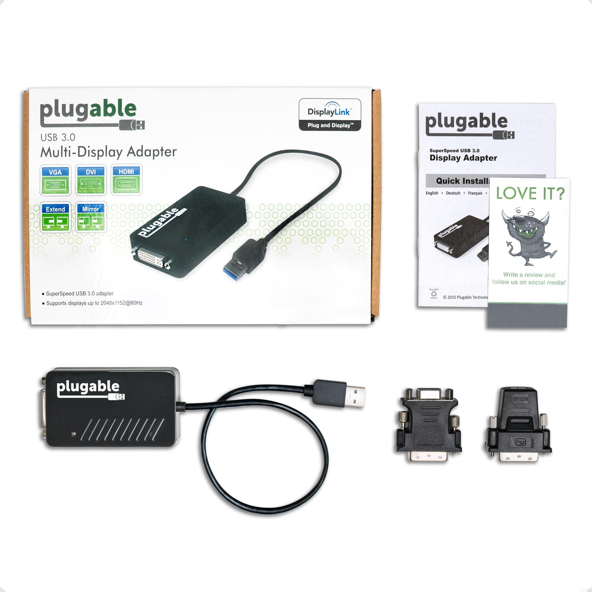 Plugable Usb 3.0 To Dvi/Vga/Hdmi Video Graphics Adapter For Multiple Monitors Up To 2048X1152 Supports Windows 11, 10, 8.1, 7, X