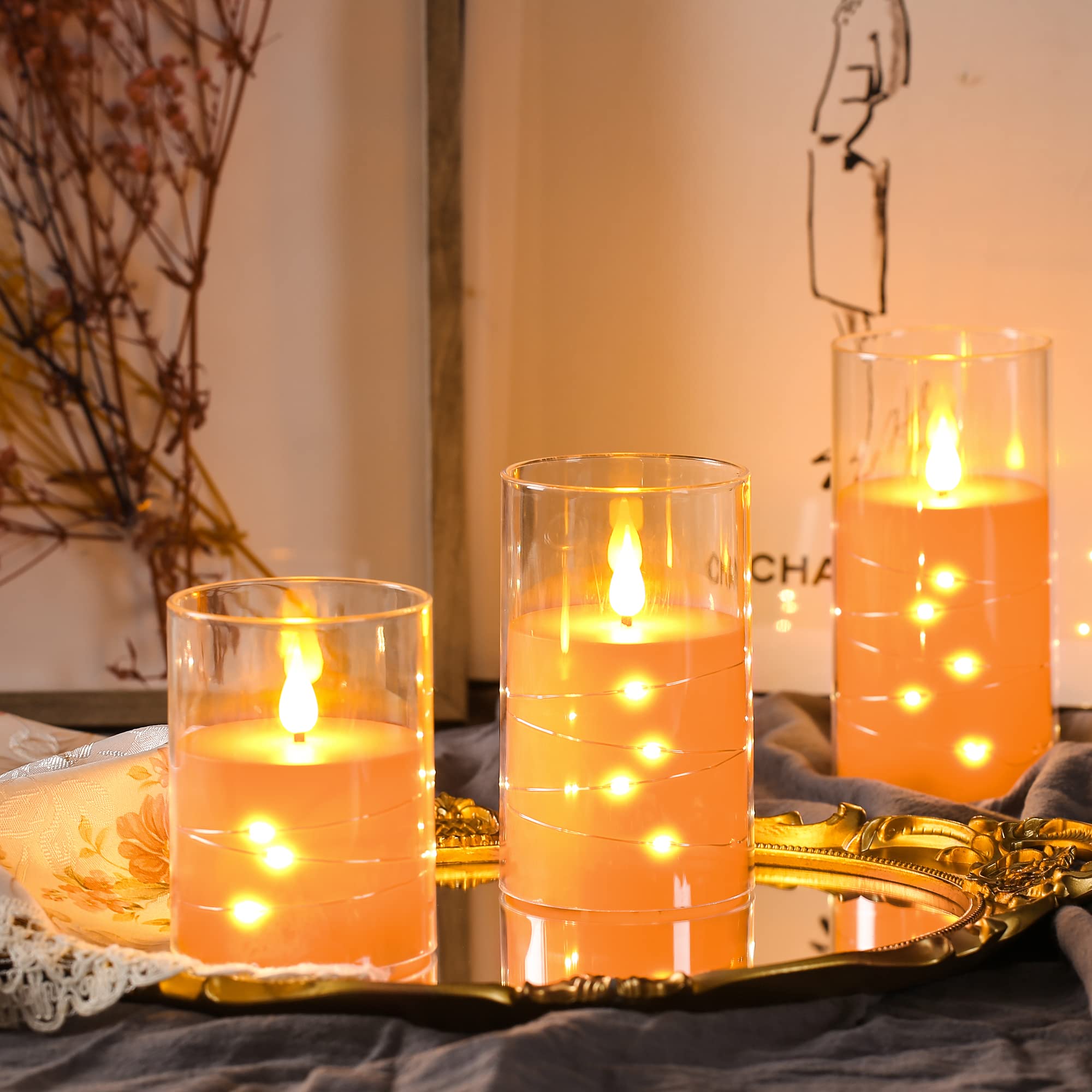Da By Flickering Flameless Candles With Embedded Star String Lights, Battery Operated Candles With Remote And Timer,Acrylic Led