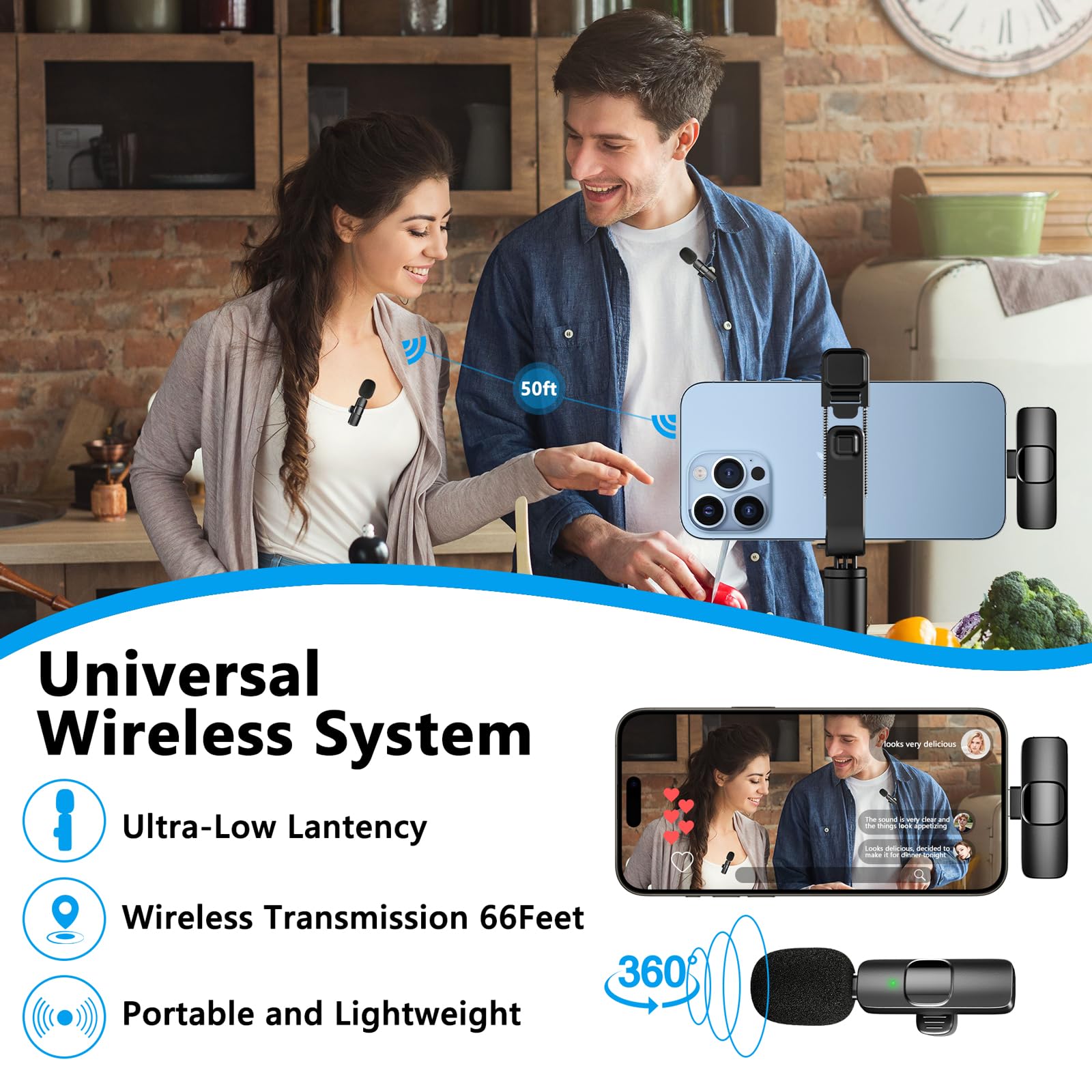 Caymuller Professional Wireless Lavalier Lapel Microphone For Iphone Ipad, Mini Lapel Mics Plug Play 2.4G Ultra Low Delay Noise